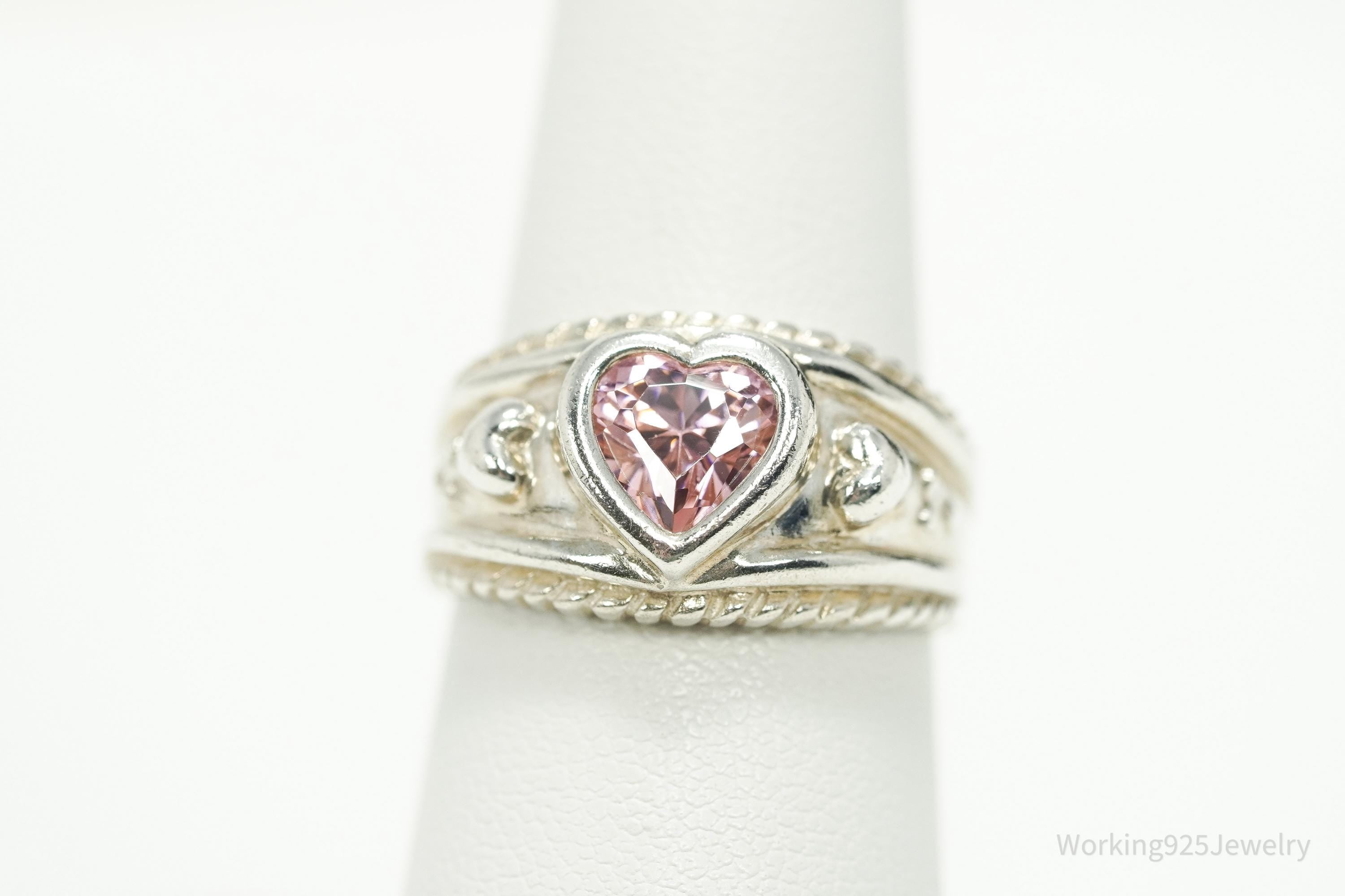 Vintage Pink Cubic Zirconia Heart Sterling Silver Ring - Size 7