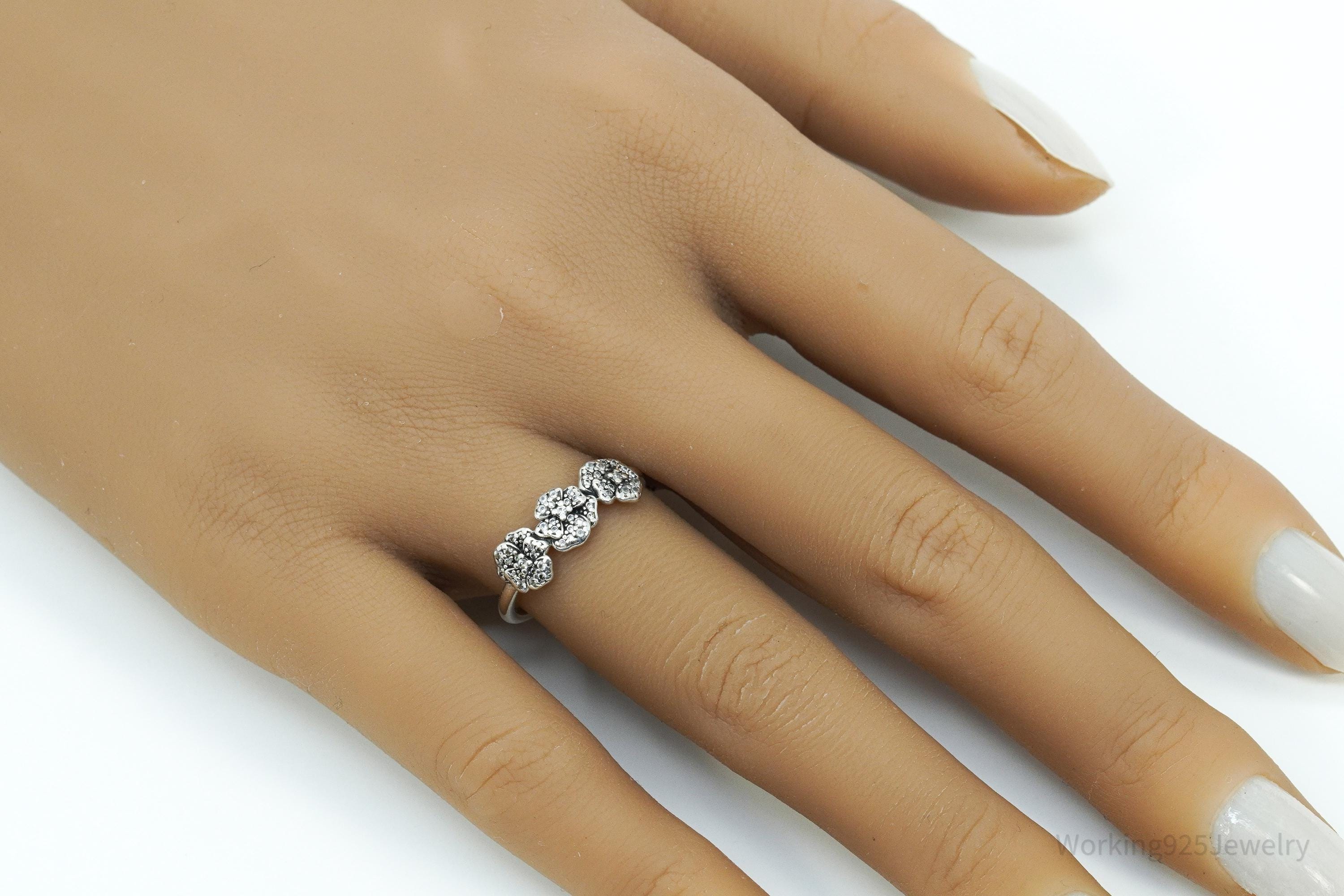Designer Pandora Triple Pansies Cubic Zirconia Sterling Silver Ring - Size 6.75