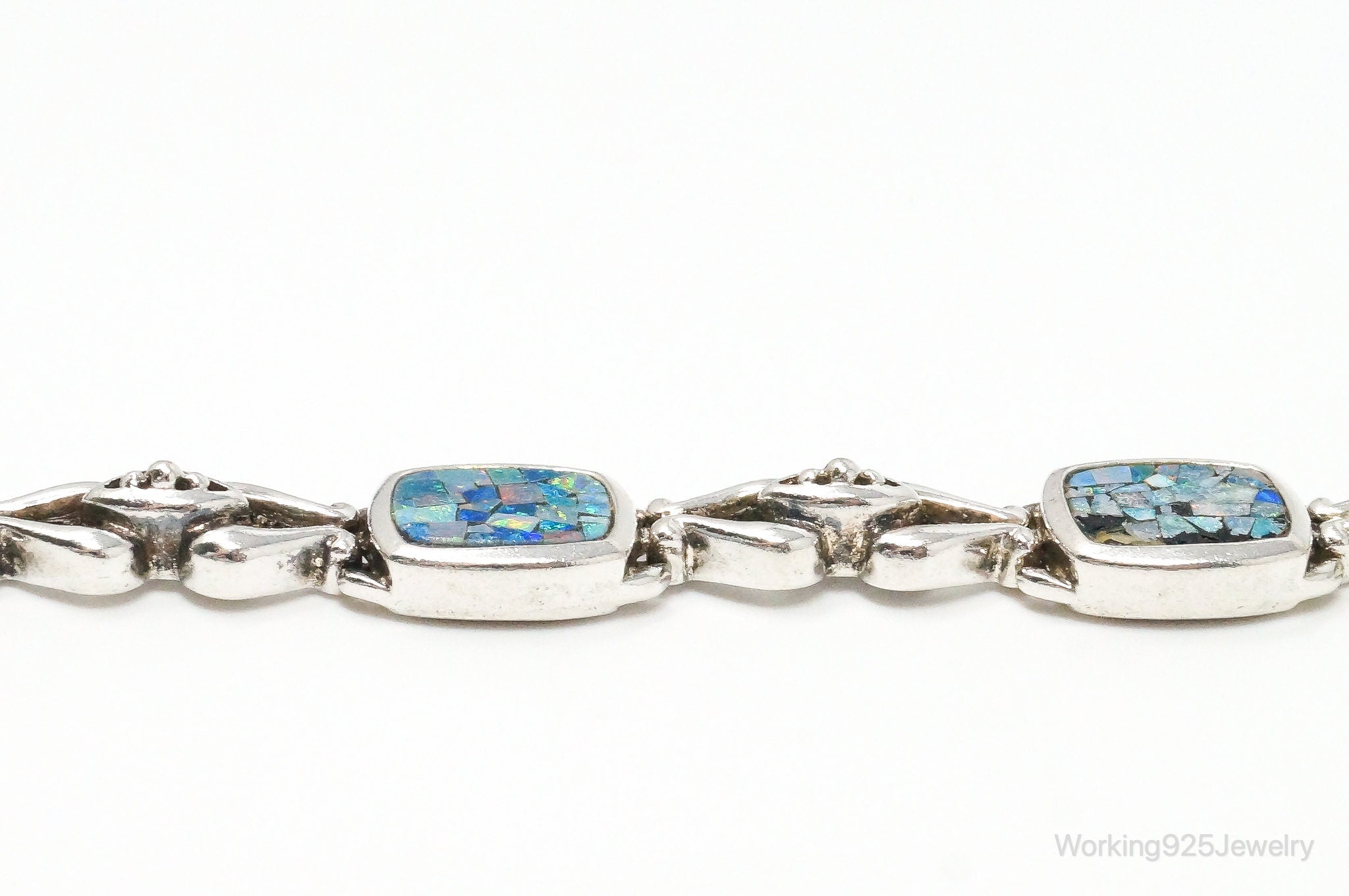 Vintage Mosaic Blue Fire Opal Inlay Sterling Silver Bracelet