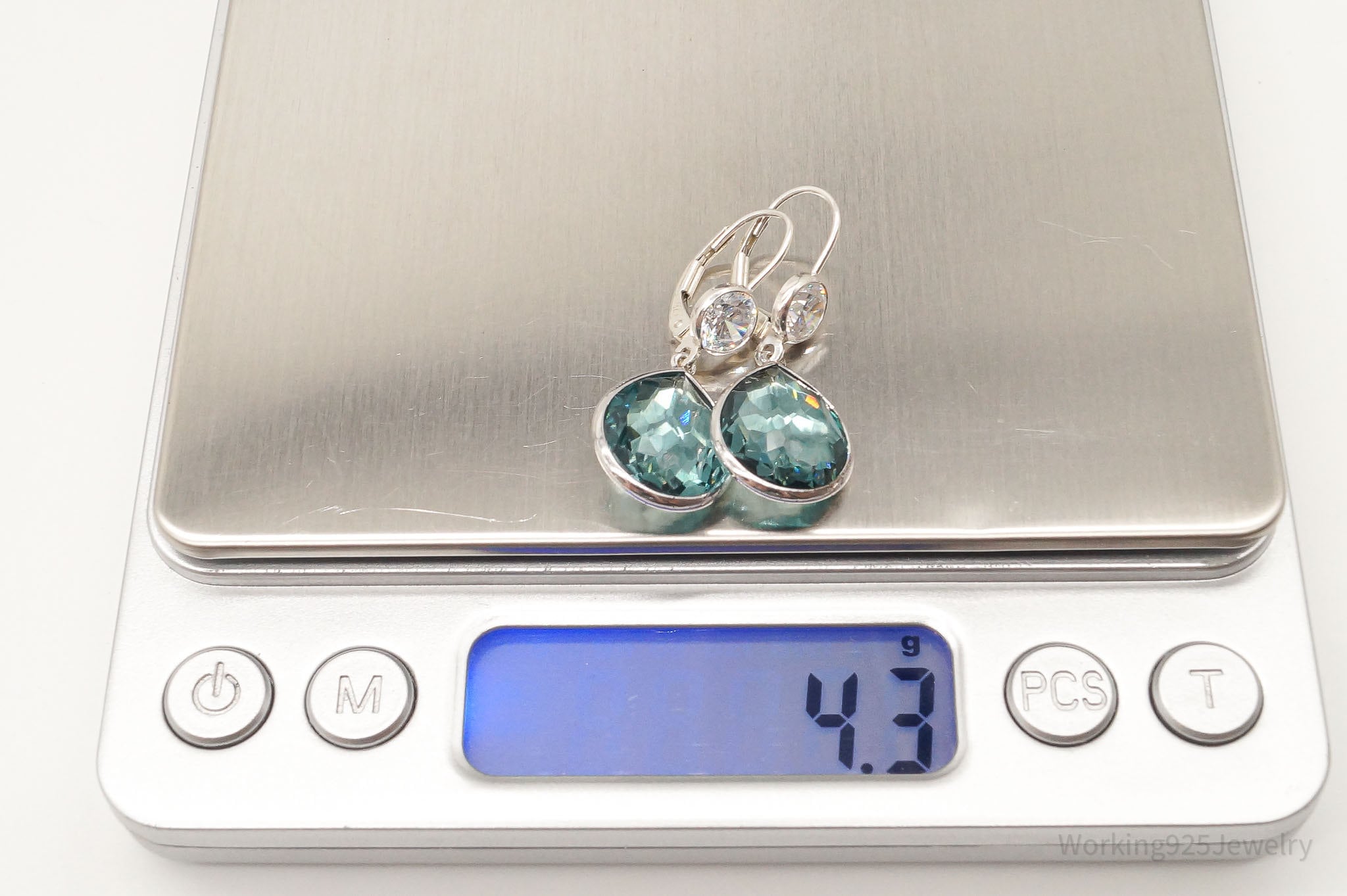 Vintage Large Green Blue Stone Cubic Zirconia Sterling Silver Earrings