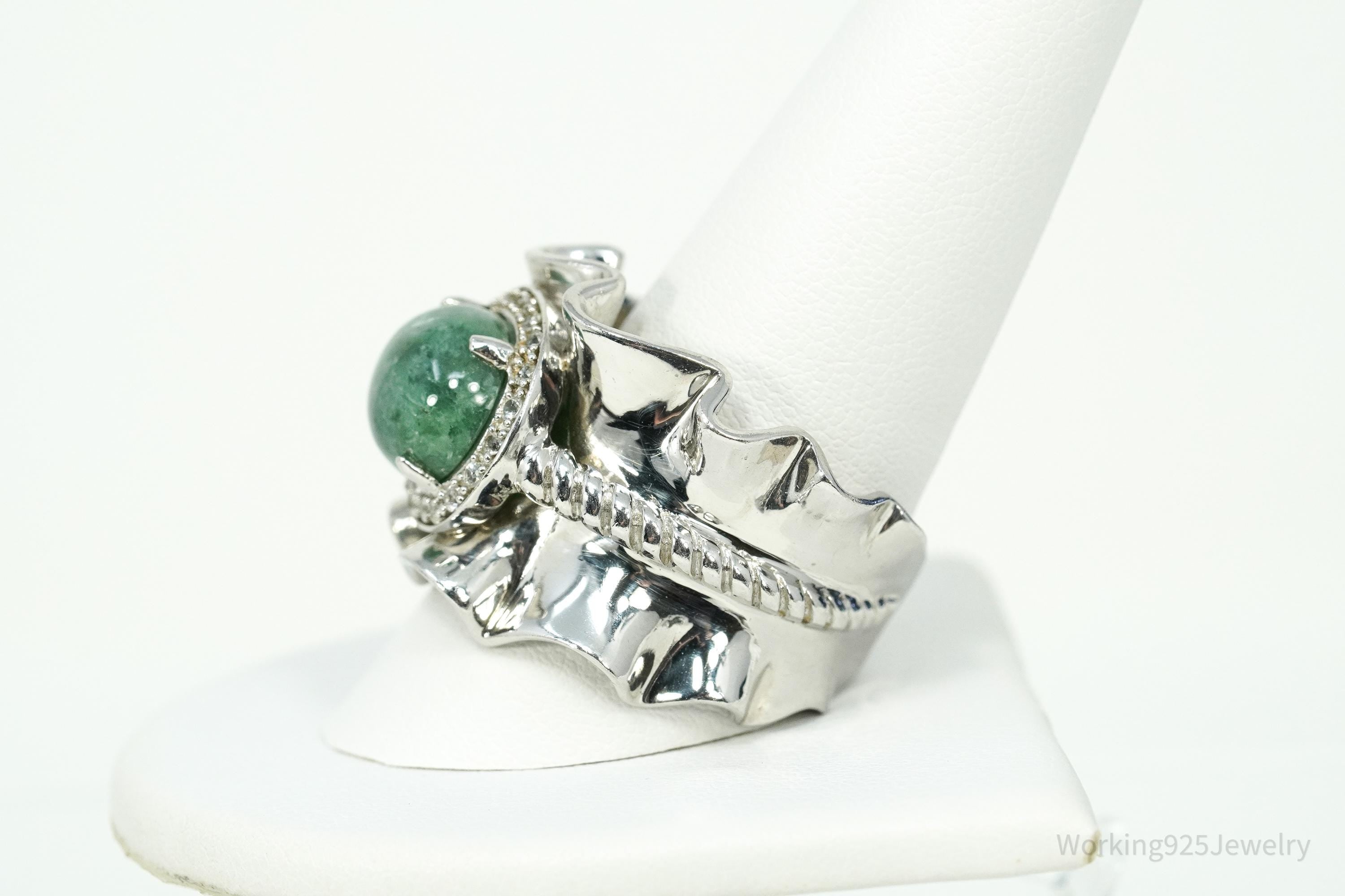 Michelle Albala Green Jadeite & White Topaz Sterling Silver Ring - Size 11.25