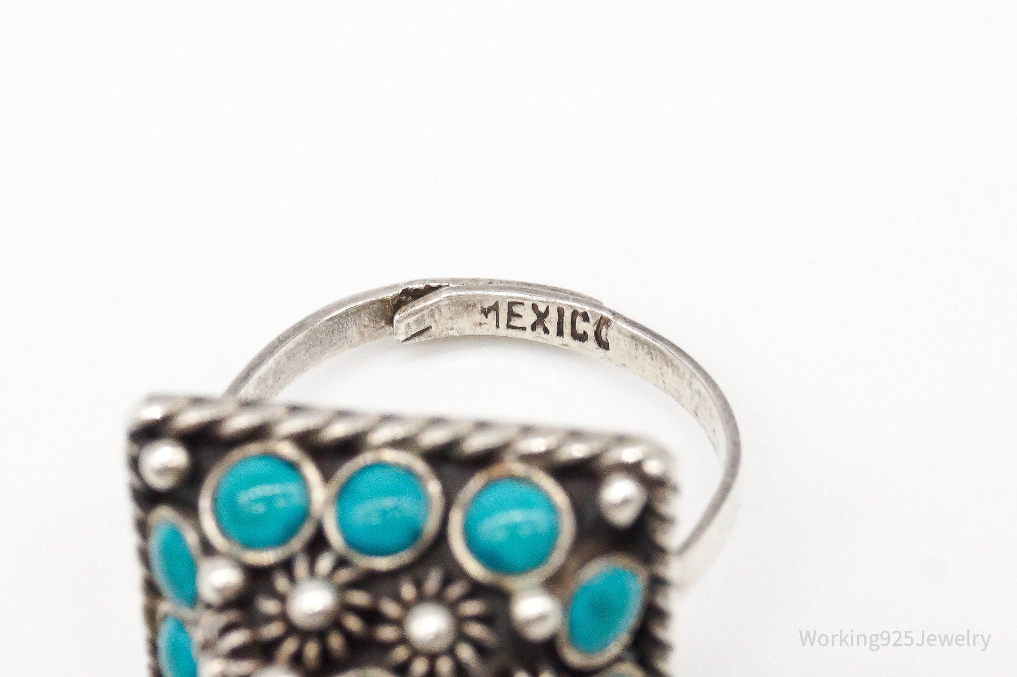 Vintage Mexico Turquoise Cannetille Silver Ring - Size 10 Adjustable