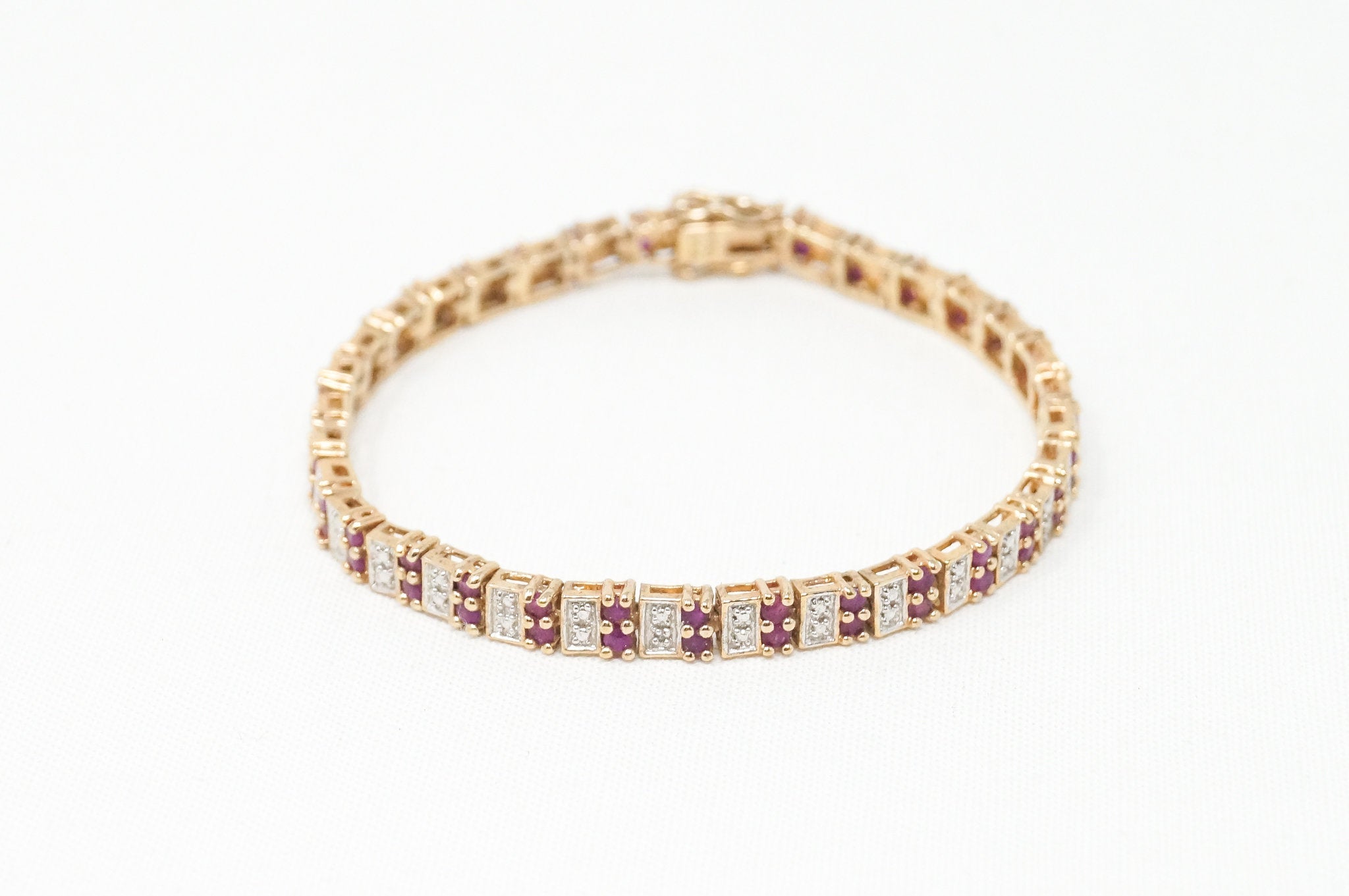 Vtg Art Deco Mid Century Ruby CZ Gold Vermeil Sterling Silver Tennis Bracelet