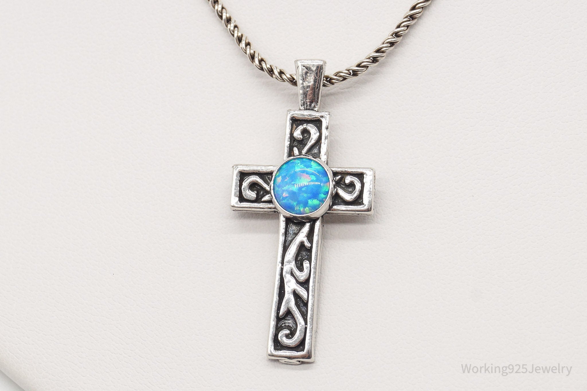 Vintage Blue Opal Sterling Silver Cross Necklace