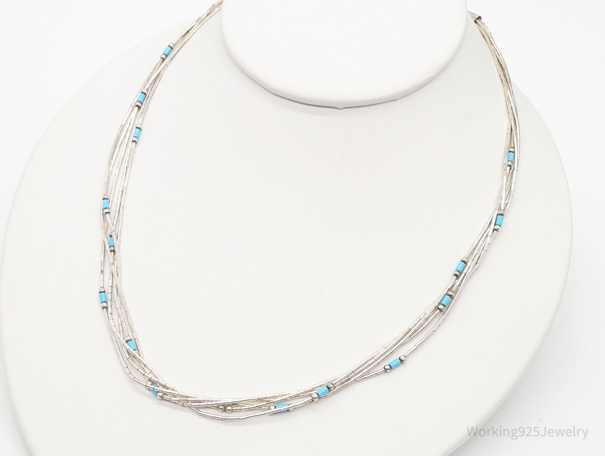 Vintage Native American Blue Turquoise Sterling Silver Bead Necklace