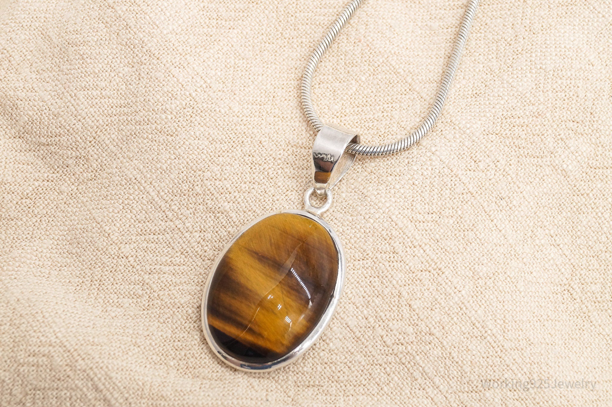 Vintage Large Tigers Eye Sterling Silver Necklace 16"