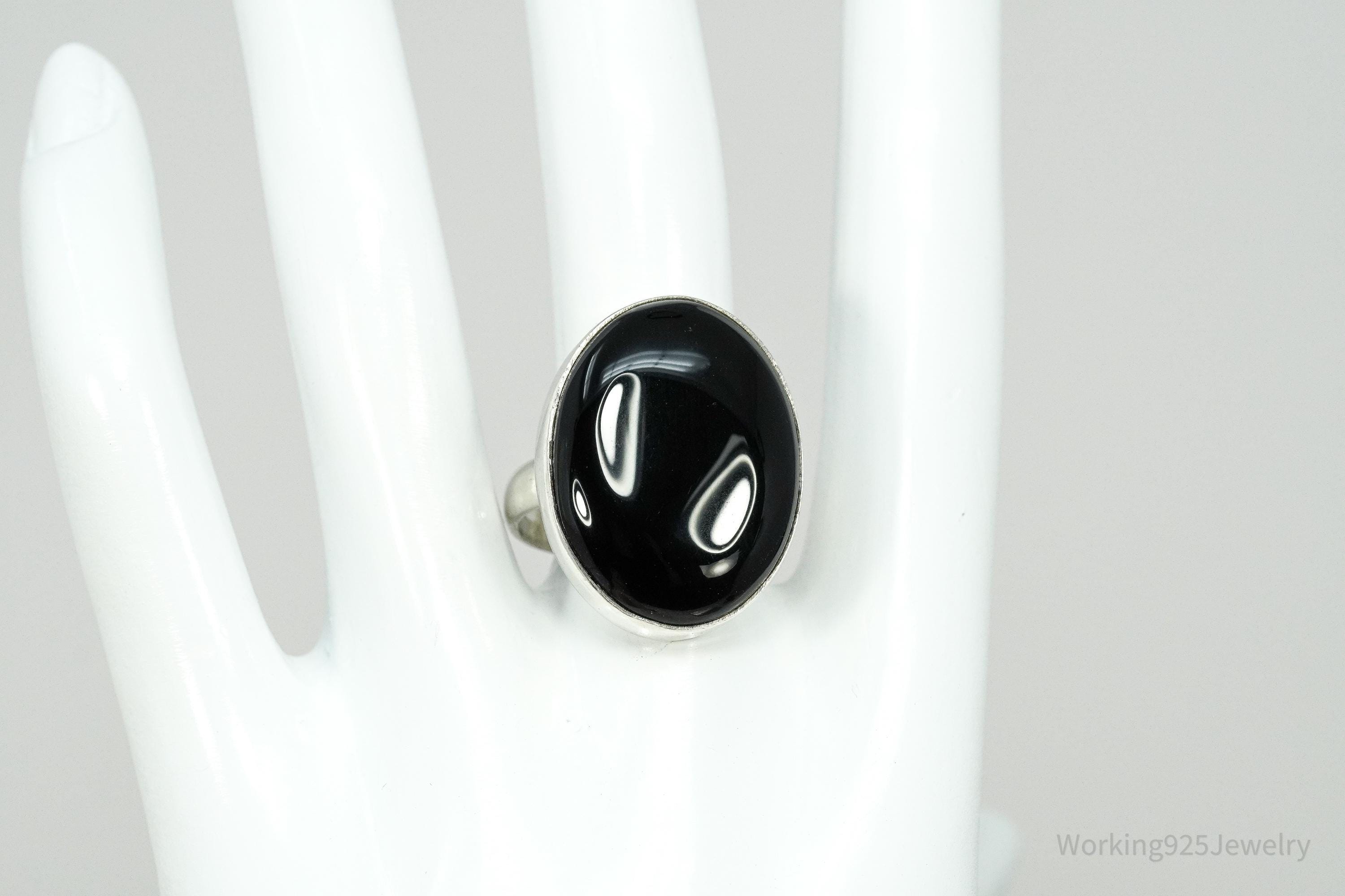 Vintage Large Black Onyx Sterling Silver Ring - Size 8.75