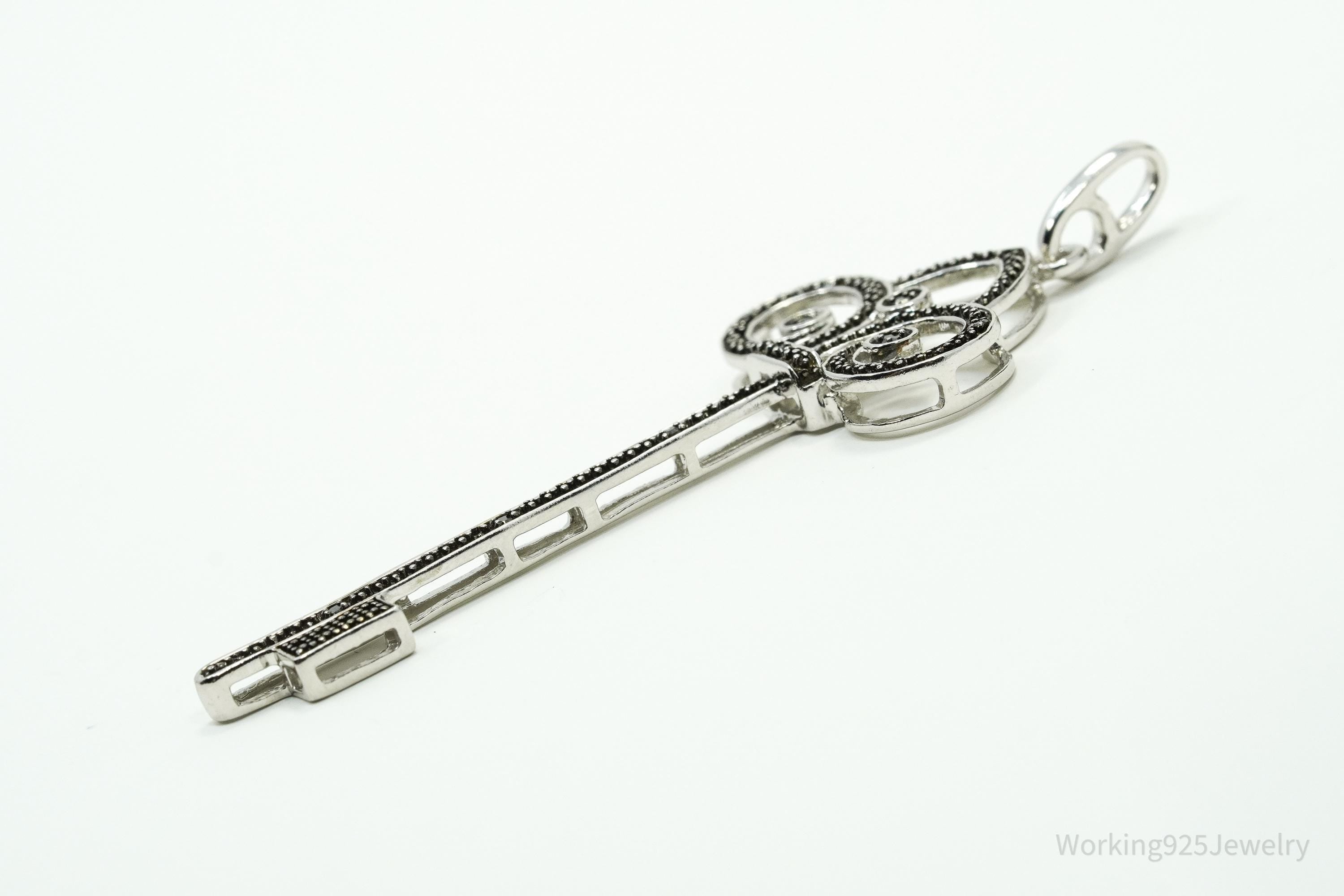 Large Designer JWBR Black Diamond Skelton Key Sterling Silver Necklace Pendant