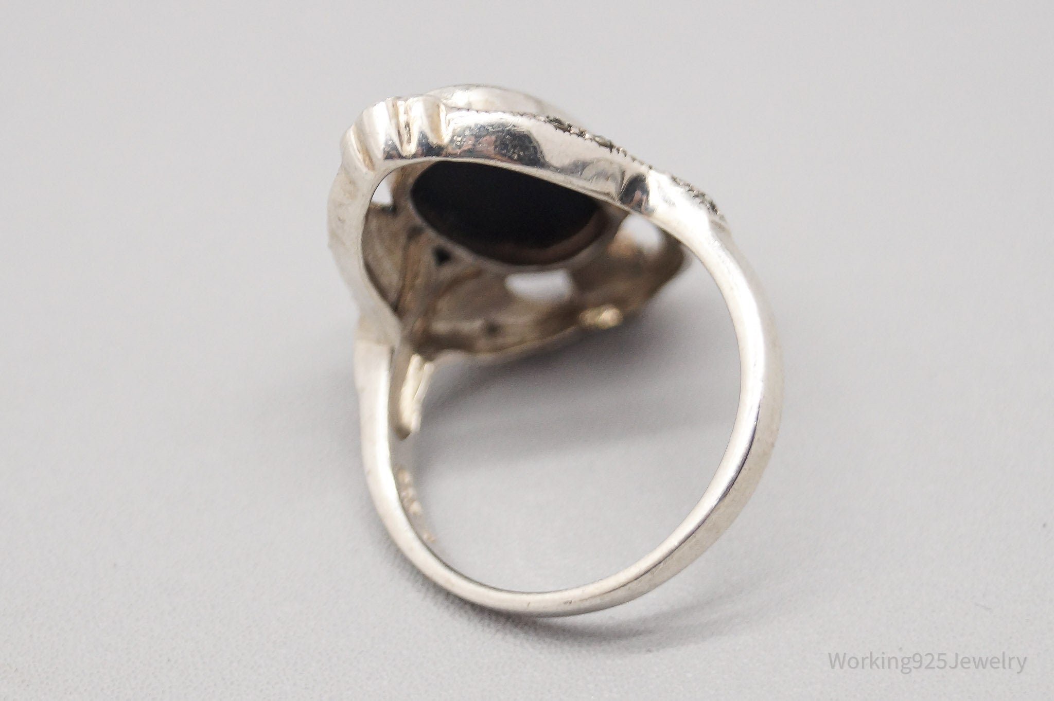 Vintage Black Onyx & Marcasite Sterling Silver Ring - Size 7