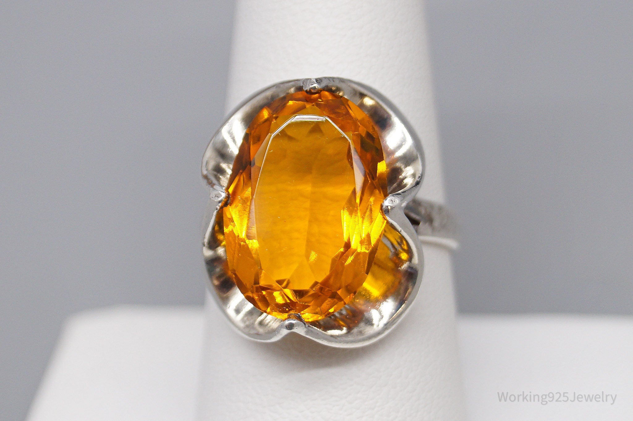 Vintage Mexico Large Orange Stone Modernist Sterling Silver Ring - Size 8.25