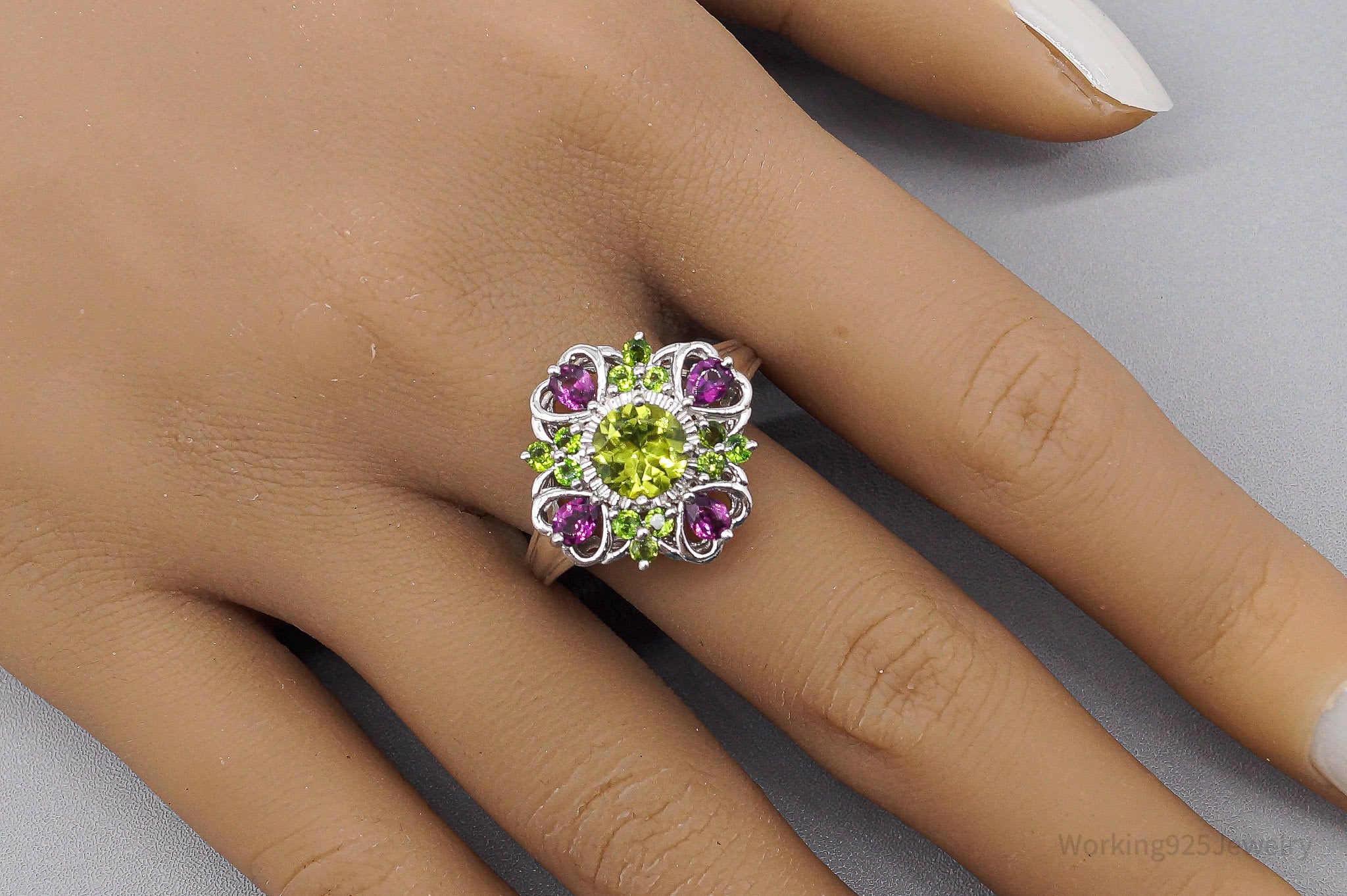 SGL Peridot & Pink Tourmaline Sterling Silver Ring - Size 9.75