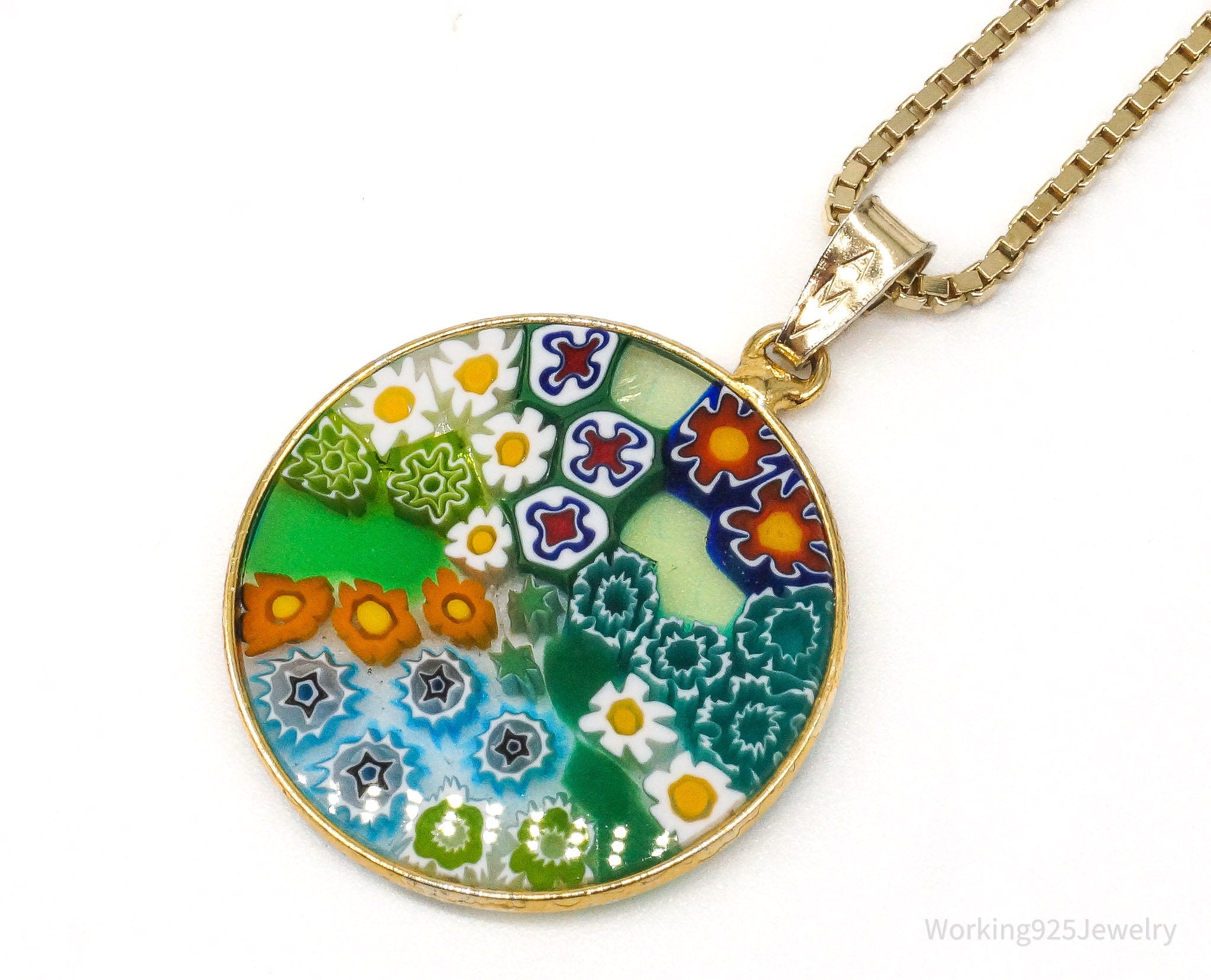 Vintage Glass Murano Millefiori Flowers Gold Vermeil Sterling Silver Necklace