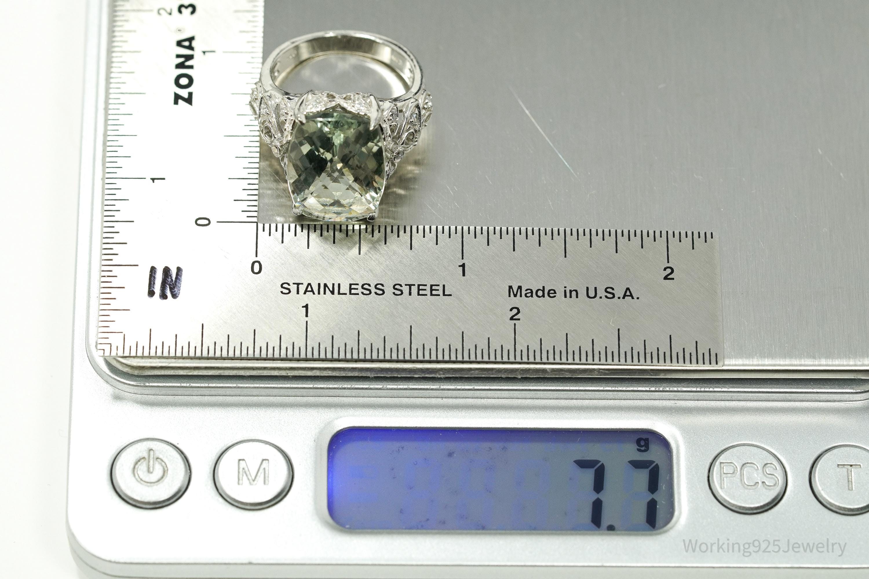 Vintage Prasiolite & Cubic Zirconia Sterling Silver Ring - Size 7.25