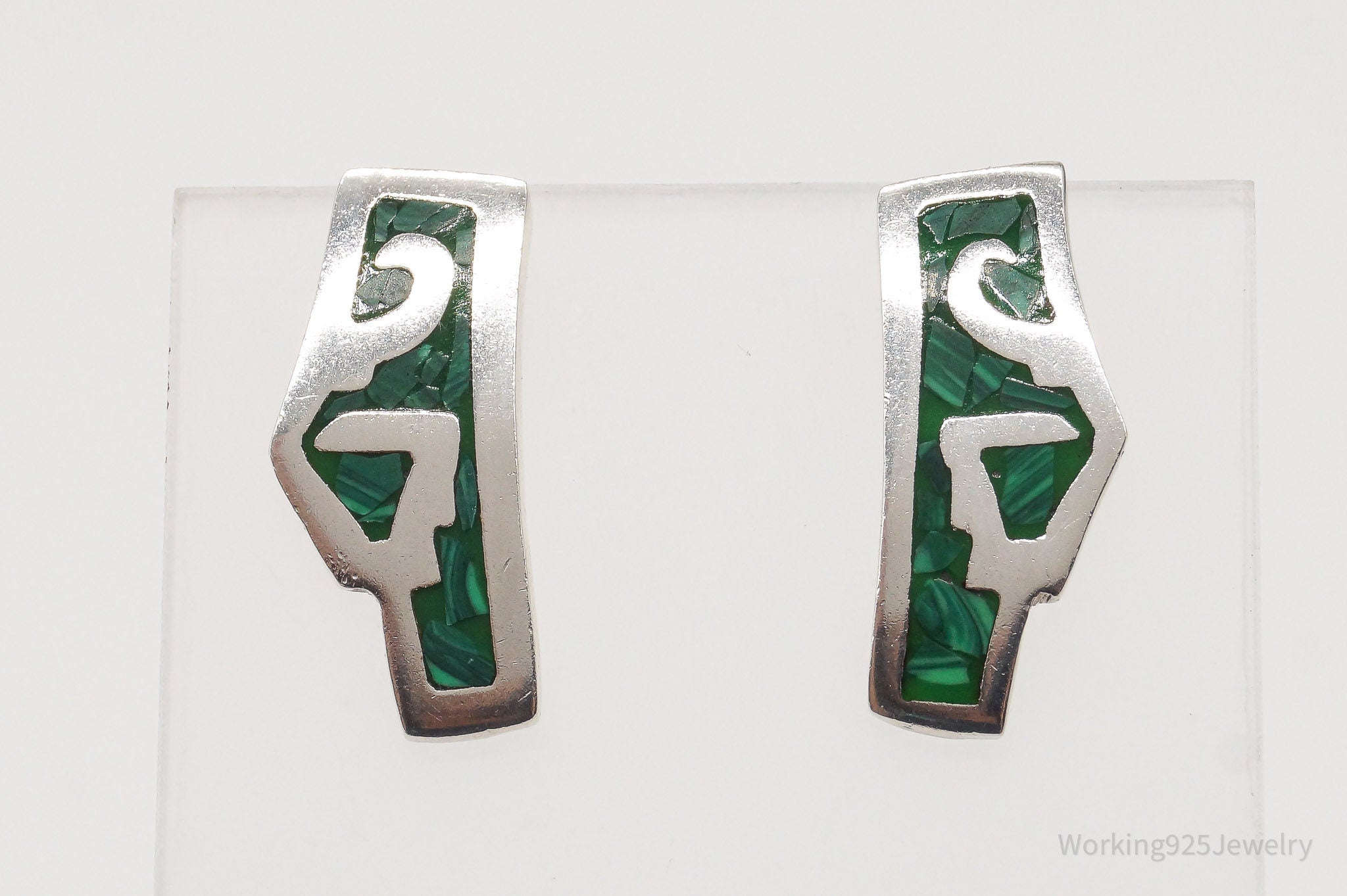 Vintage Mexico Malachite Modernist Sterling Silver Earrings