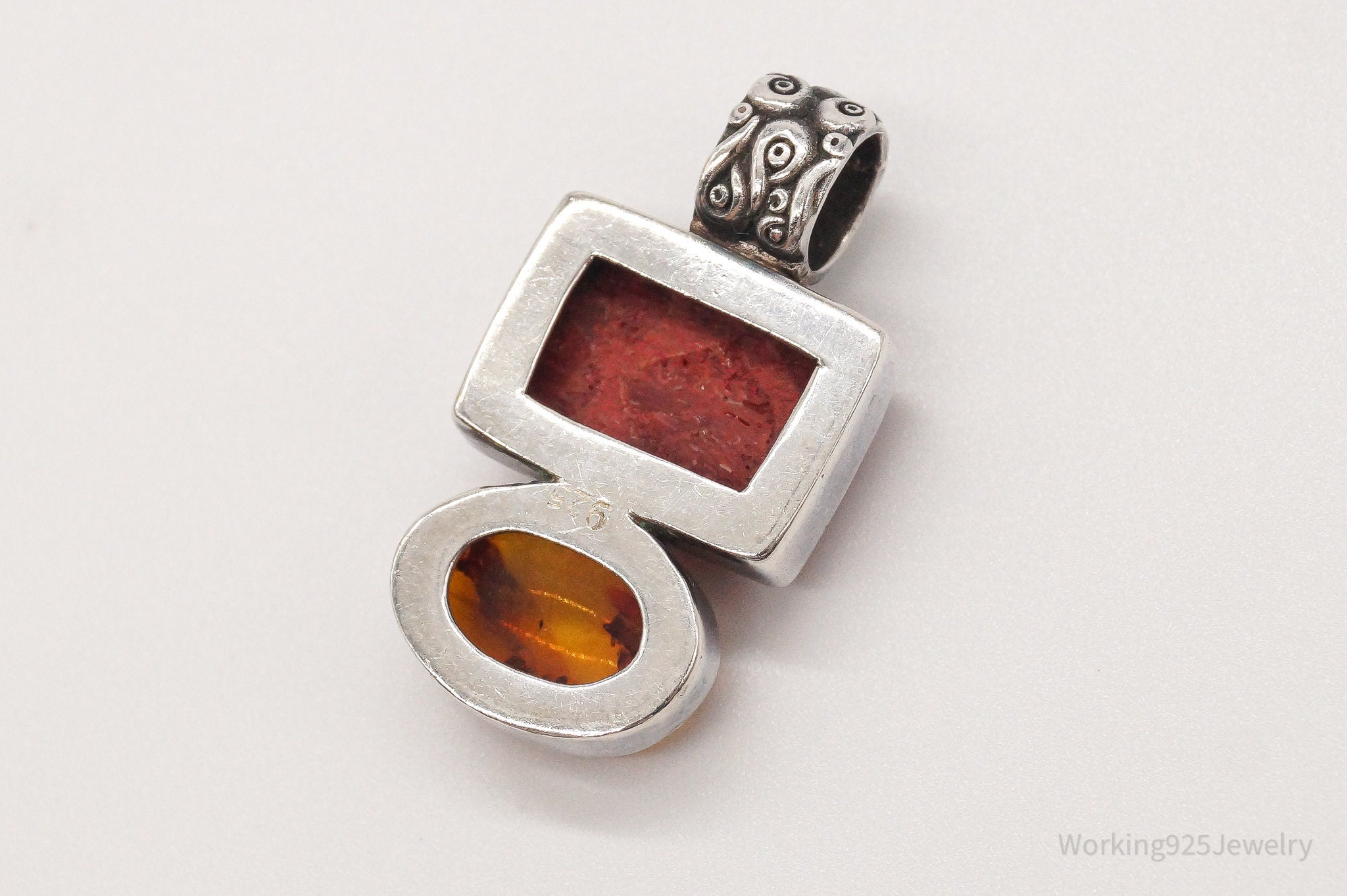 Vintage Red Coral Amber Sterling Silver Pendant