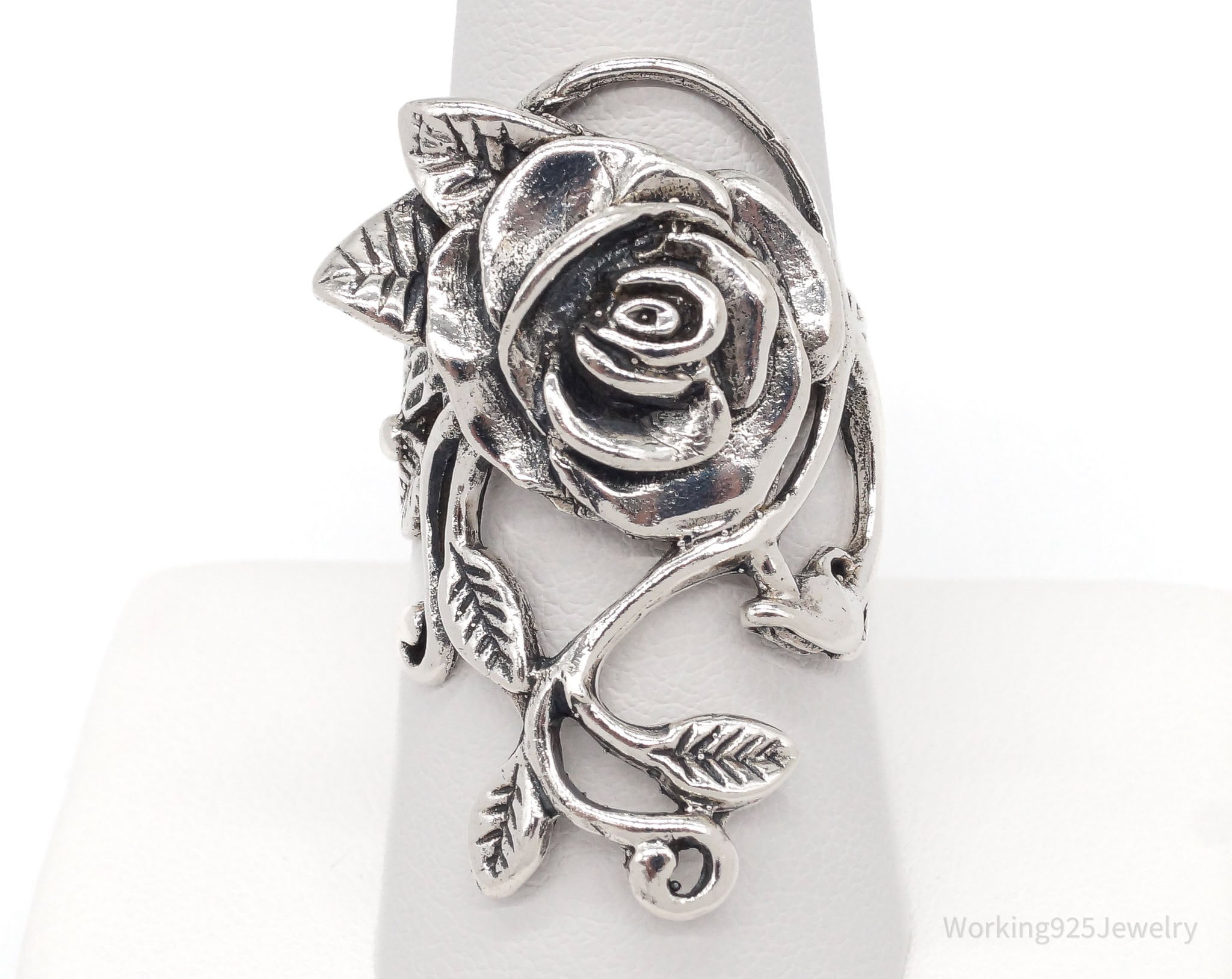 Vintage Large Rose Flower Sterling Silver Ring - Size 7.75