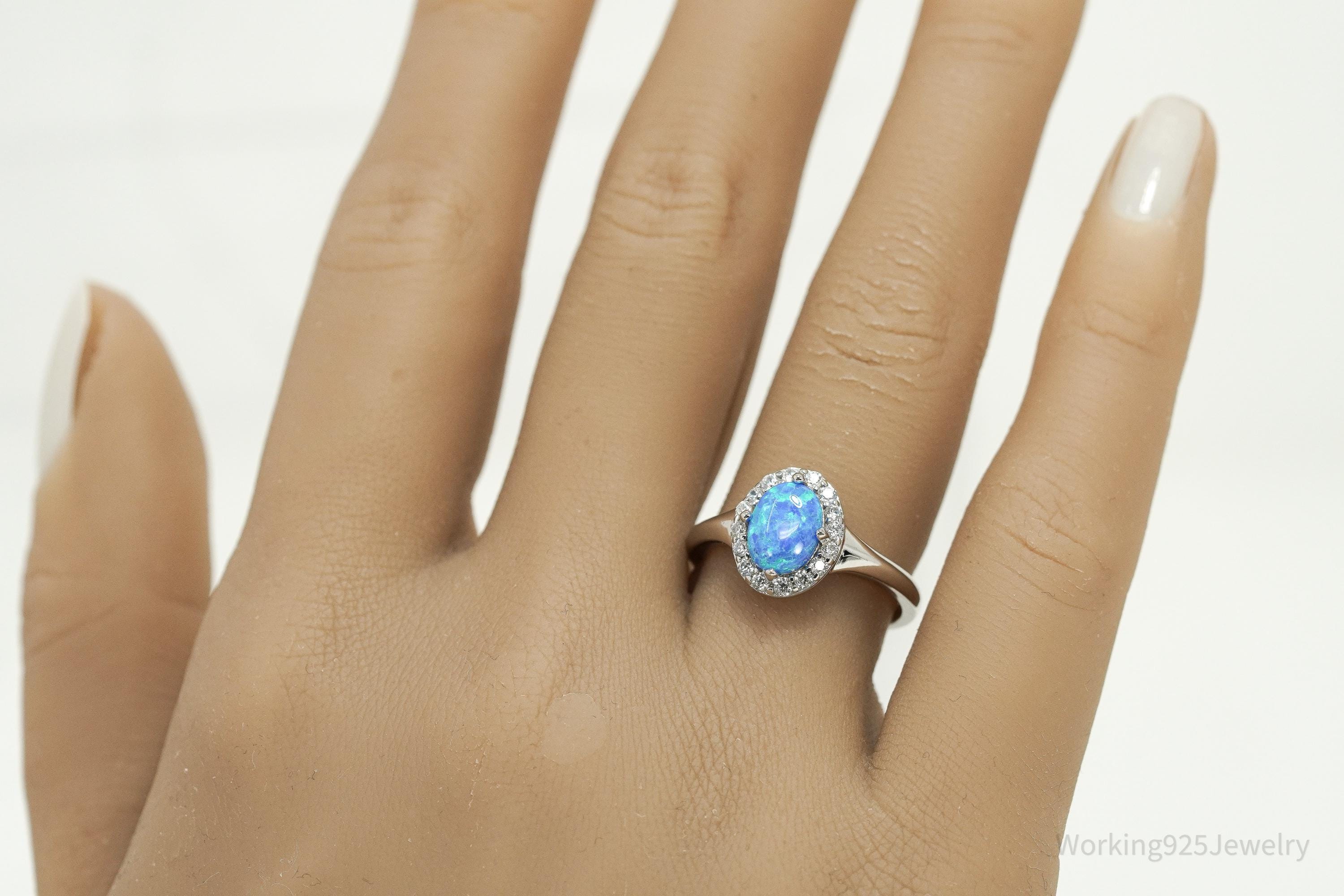 Vintage Opal & Cubic Zirconia Sterling Silver Ring - Size 7