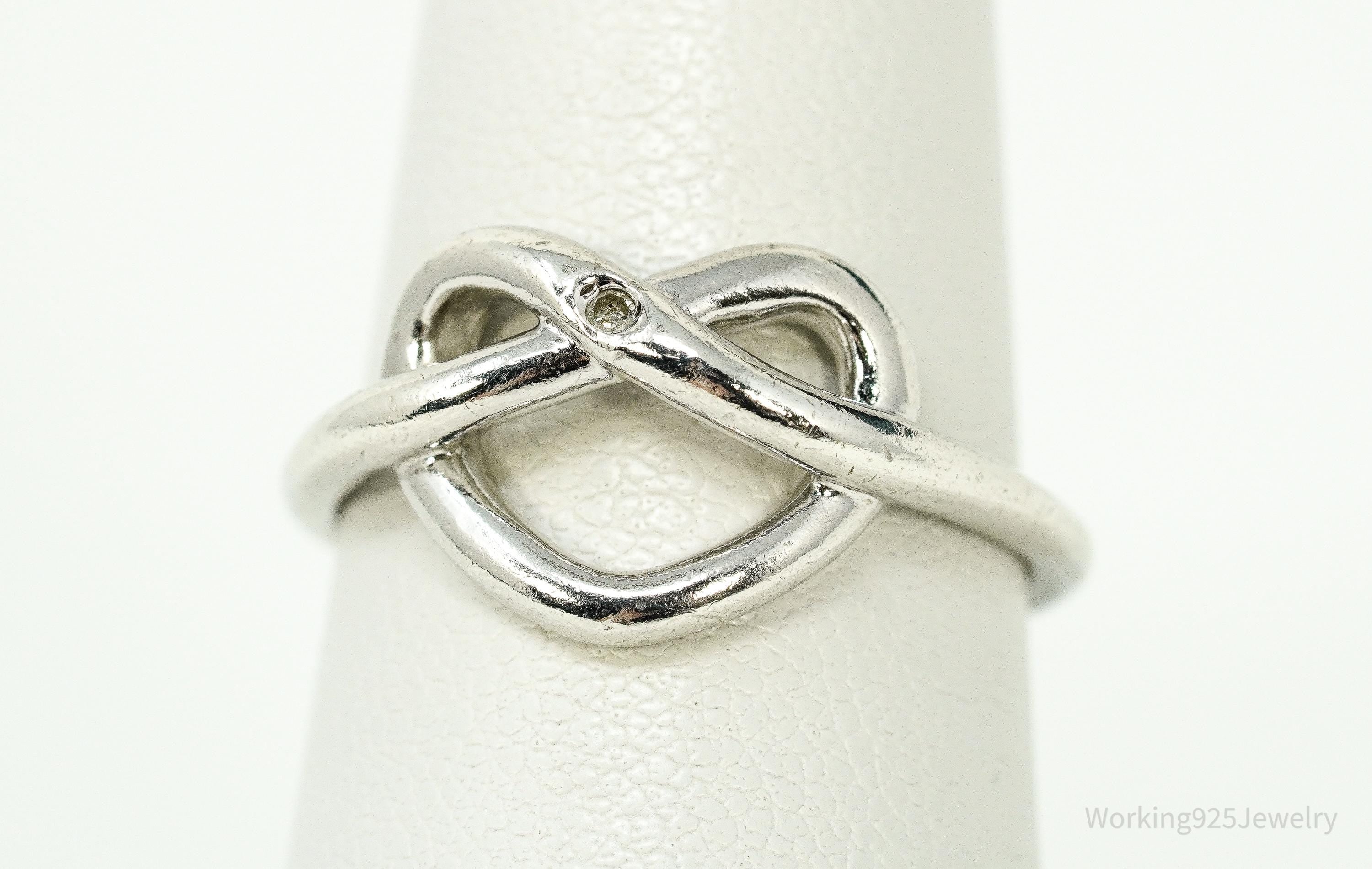 Vintage HDIA Single Diamond Heart Knot Sterling Silver Ring - Size 7.5