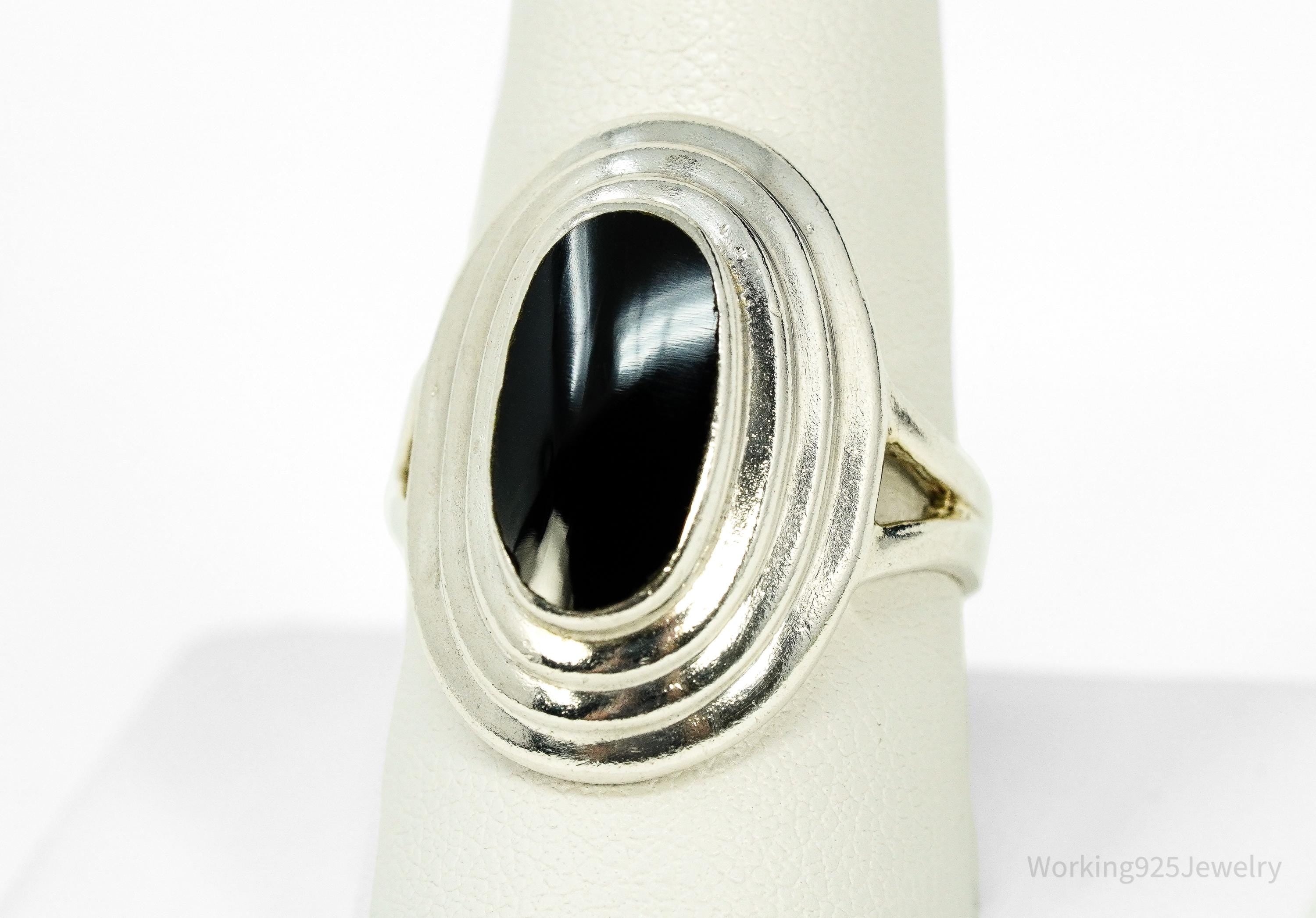 Vintage Black Onyx Modernist Style Sterling Silver Ring - Size 9.25