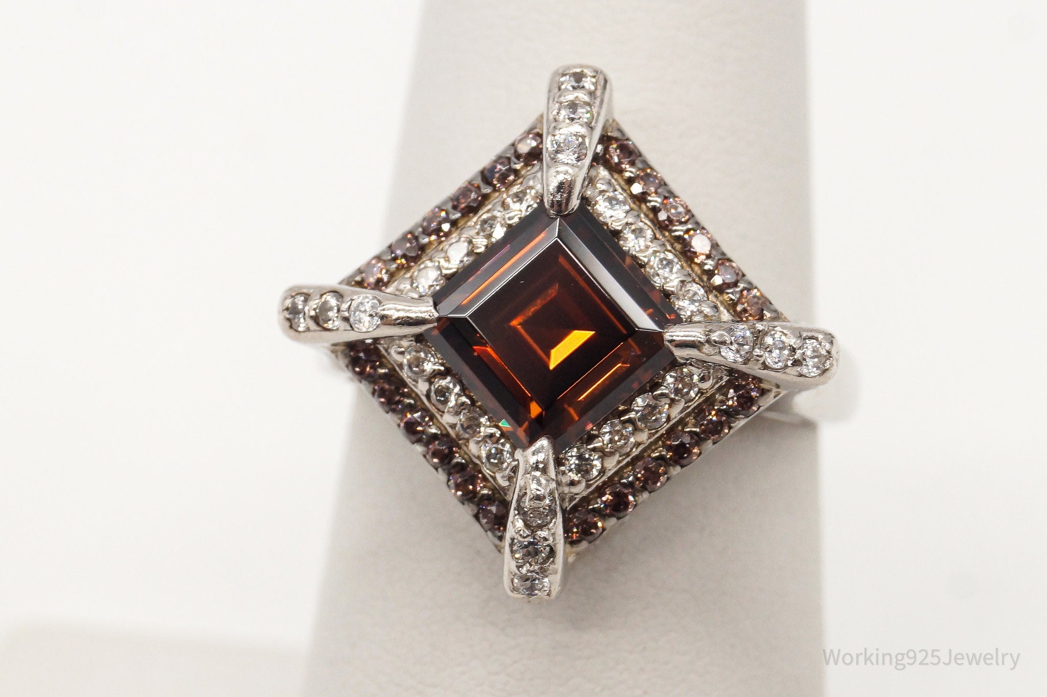 Vintage Smoky Topaz Cubic Zirconia Platinum Clad Sterling Silver Ring - Size 6