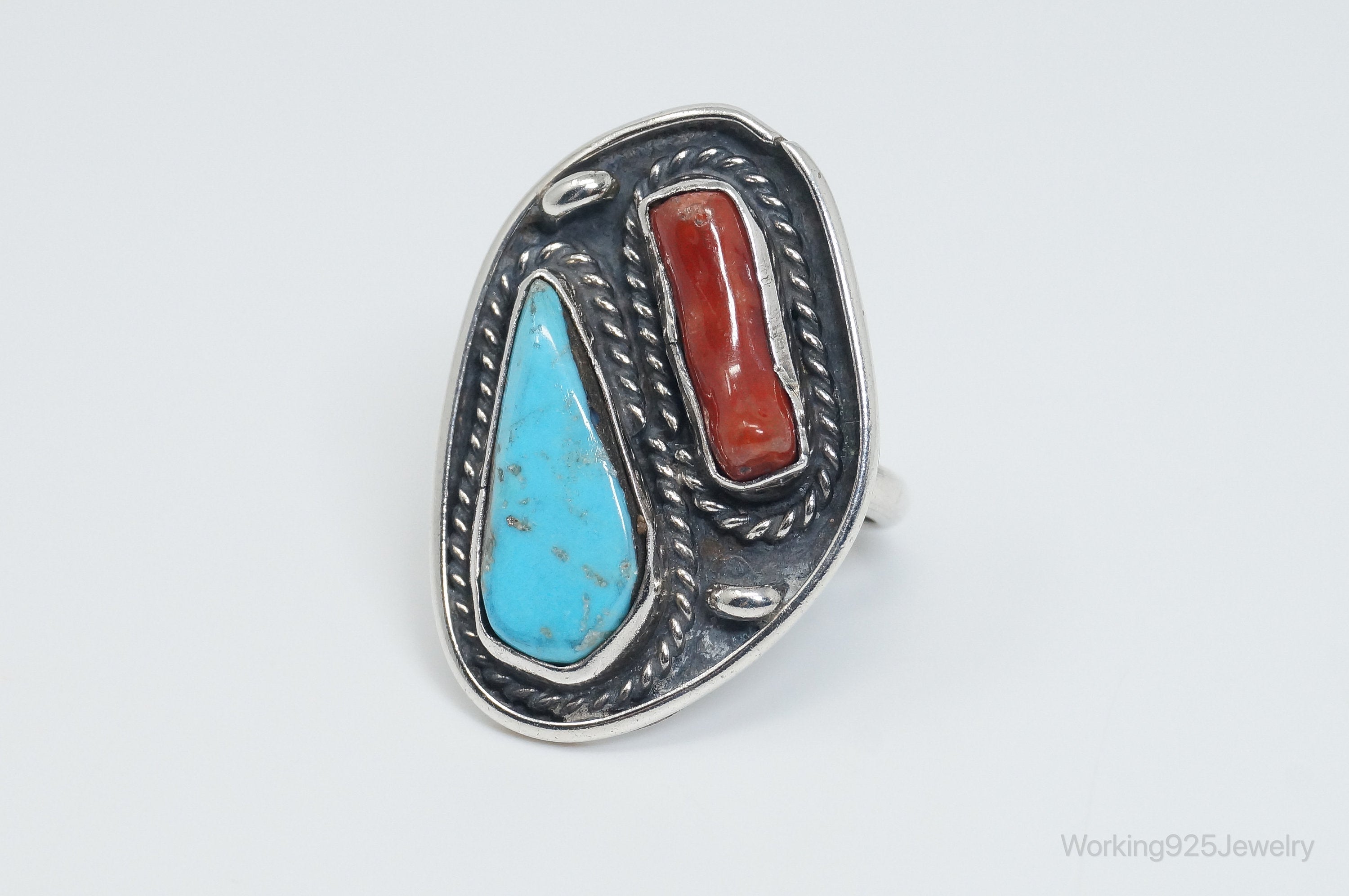 Vtg Native American VB Turquoise Coral Sterling Silver Ring - Sz 7.25