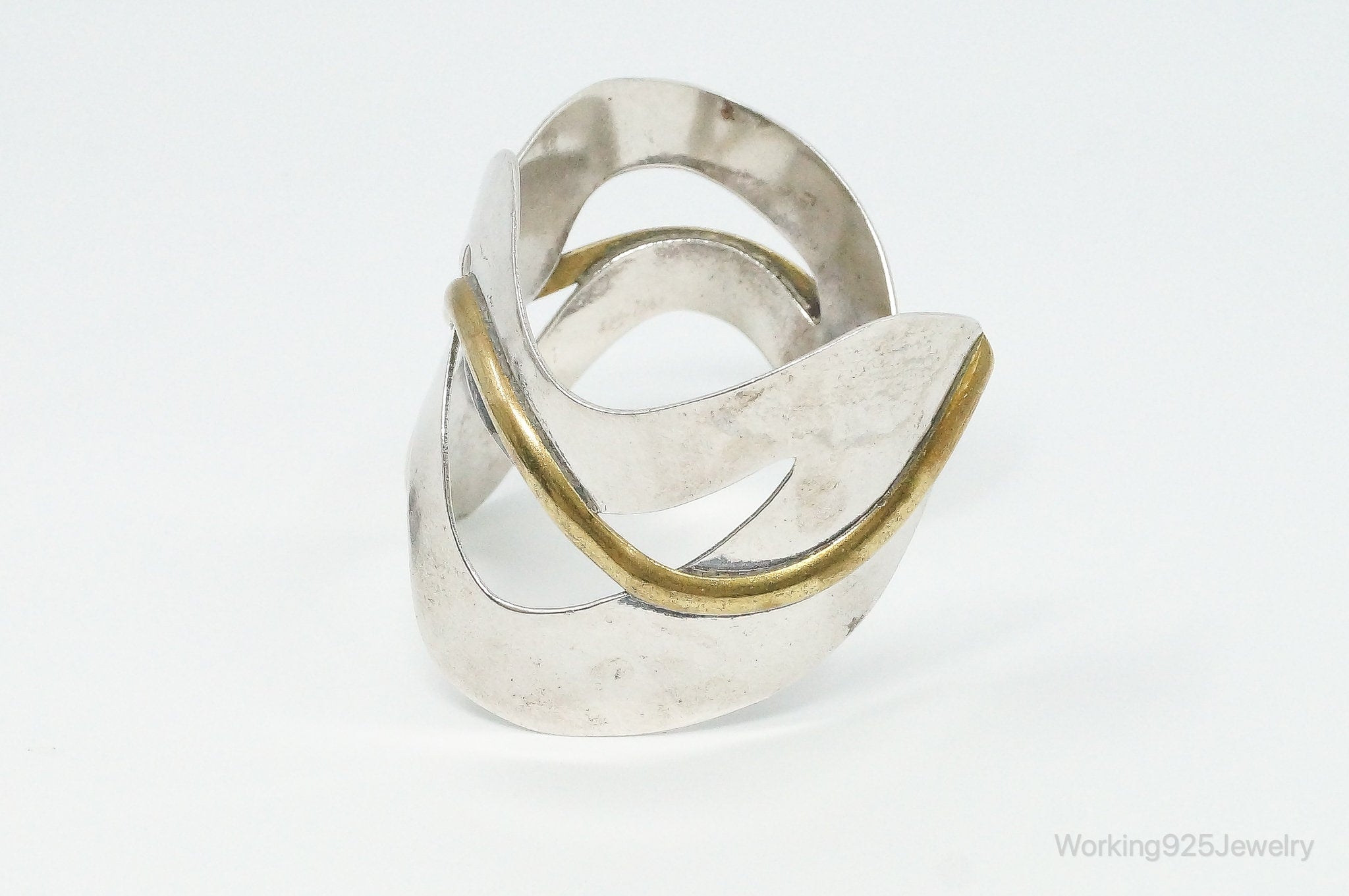 Vintage Mexico Designer Modernist Style Brass Sterling Silver Cuff Bracelet