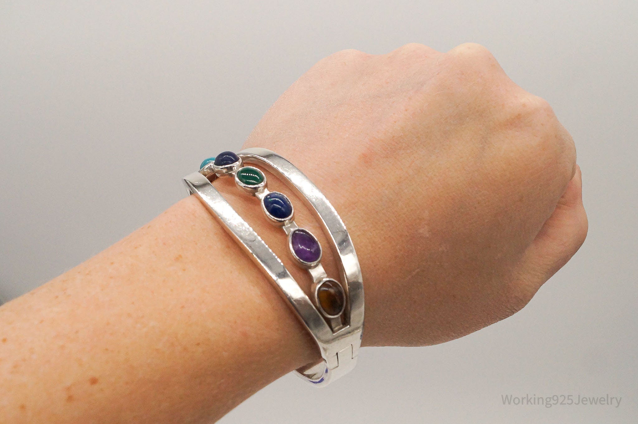 Vintage Mexico Multi Gemstone Sterling Silver Bracelet - Pressure Release Clasp