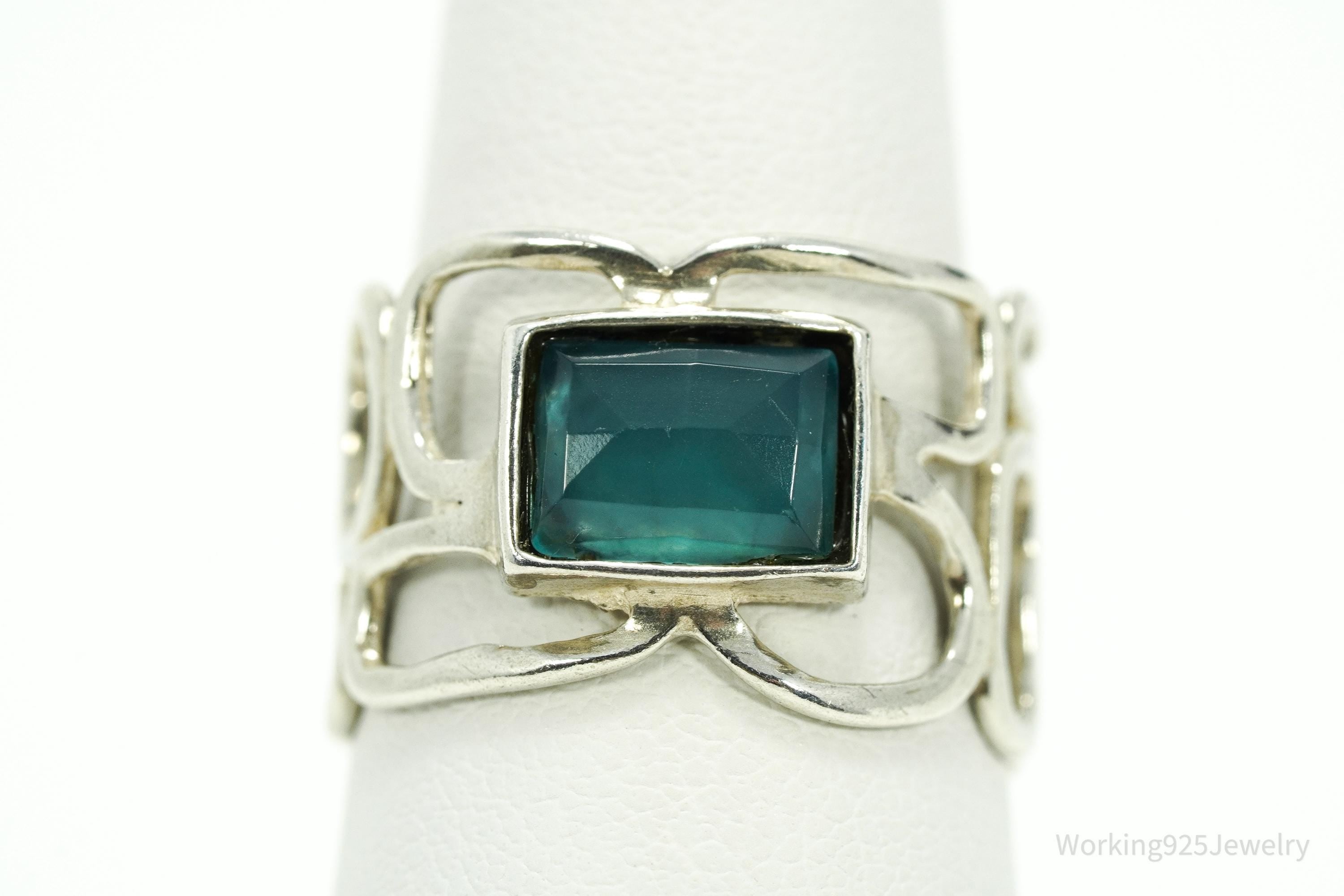Vintage Teal Chalcedony Modernist Style Sterling Silver Ring - Size 6.75