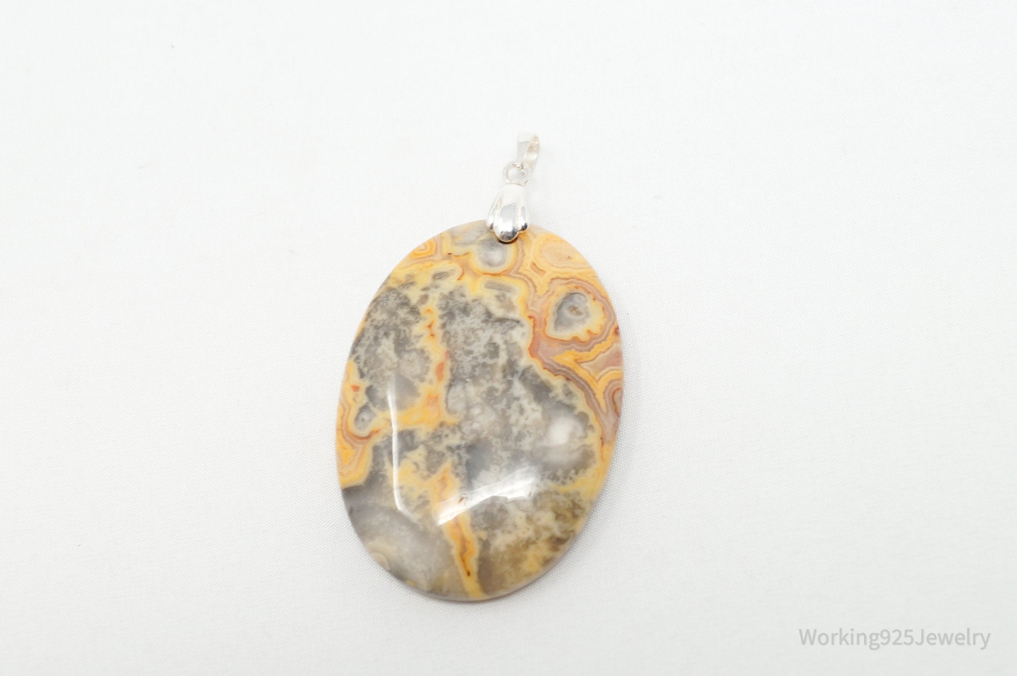 Vintage Large Orange Lace Agate Sterling Silver Necklace Pendant