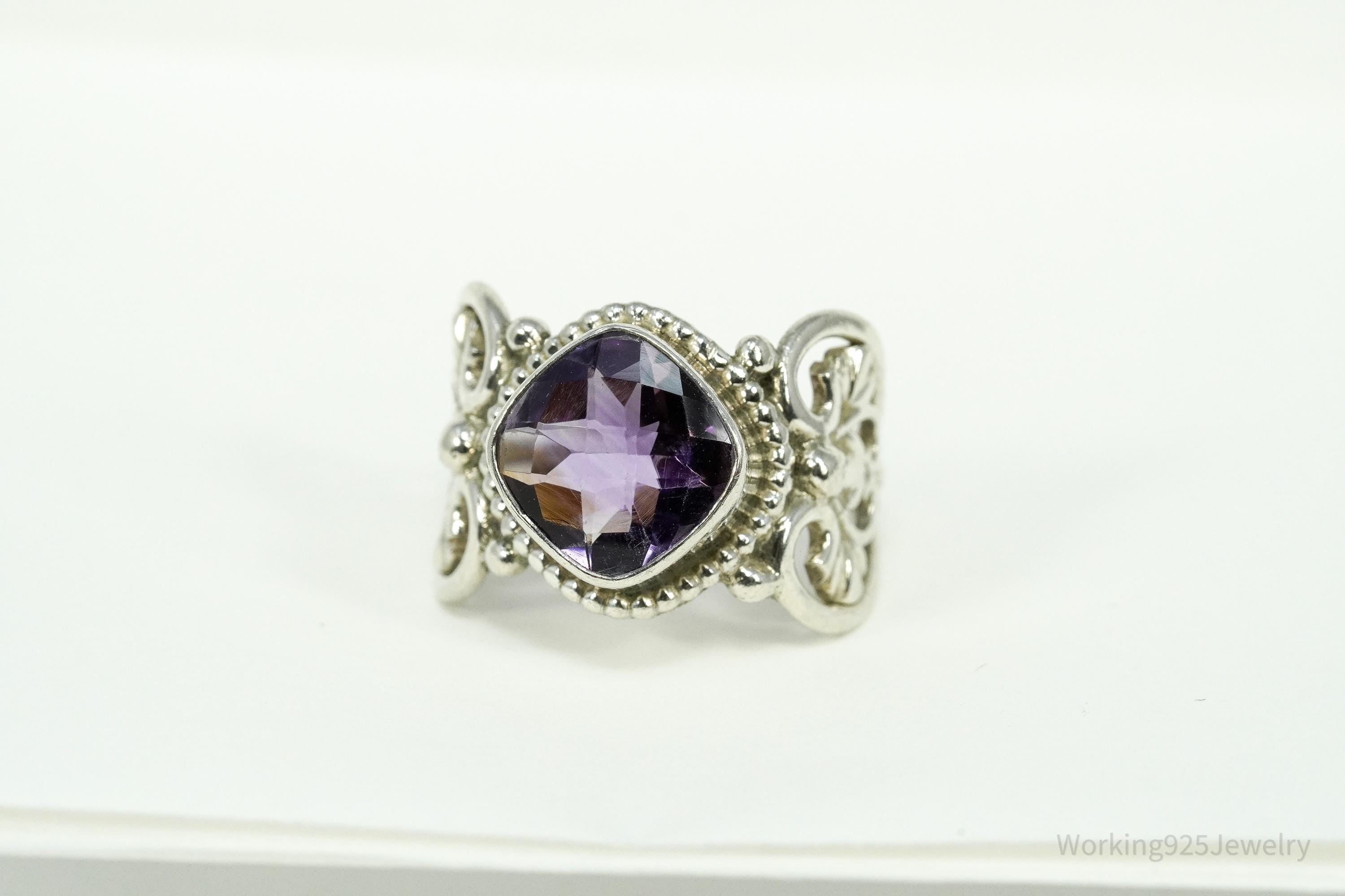 Vintage Nepal Purple Amethyst Sterling Silver Ring Size 7