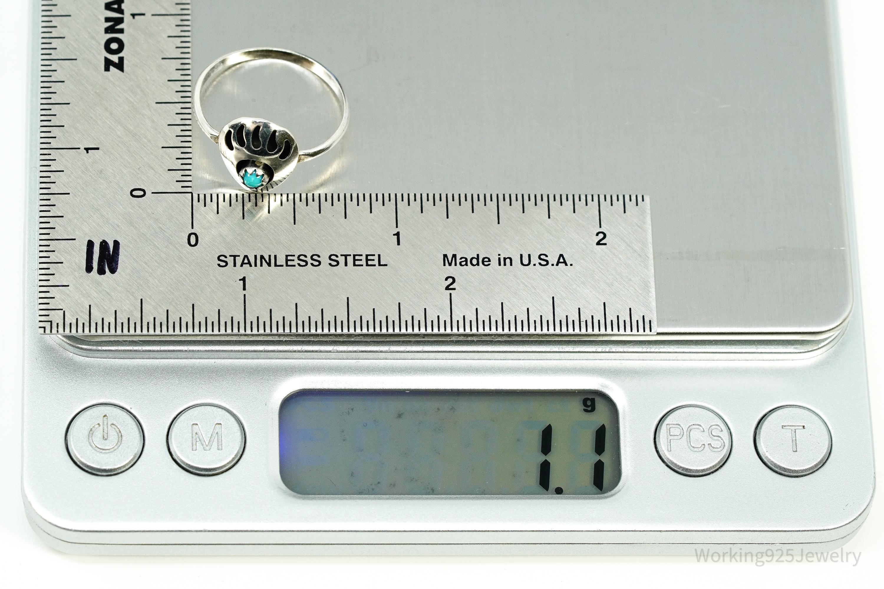 Vintage Handmade Native American Bear Paw Turquoise Silver Ring - Size 8