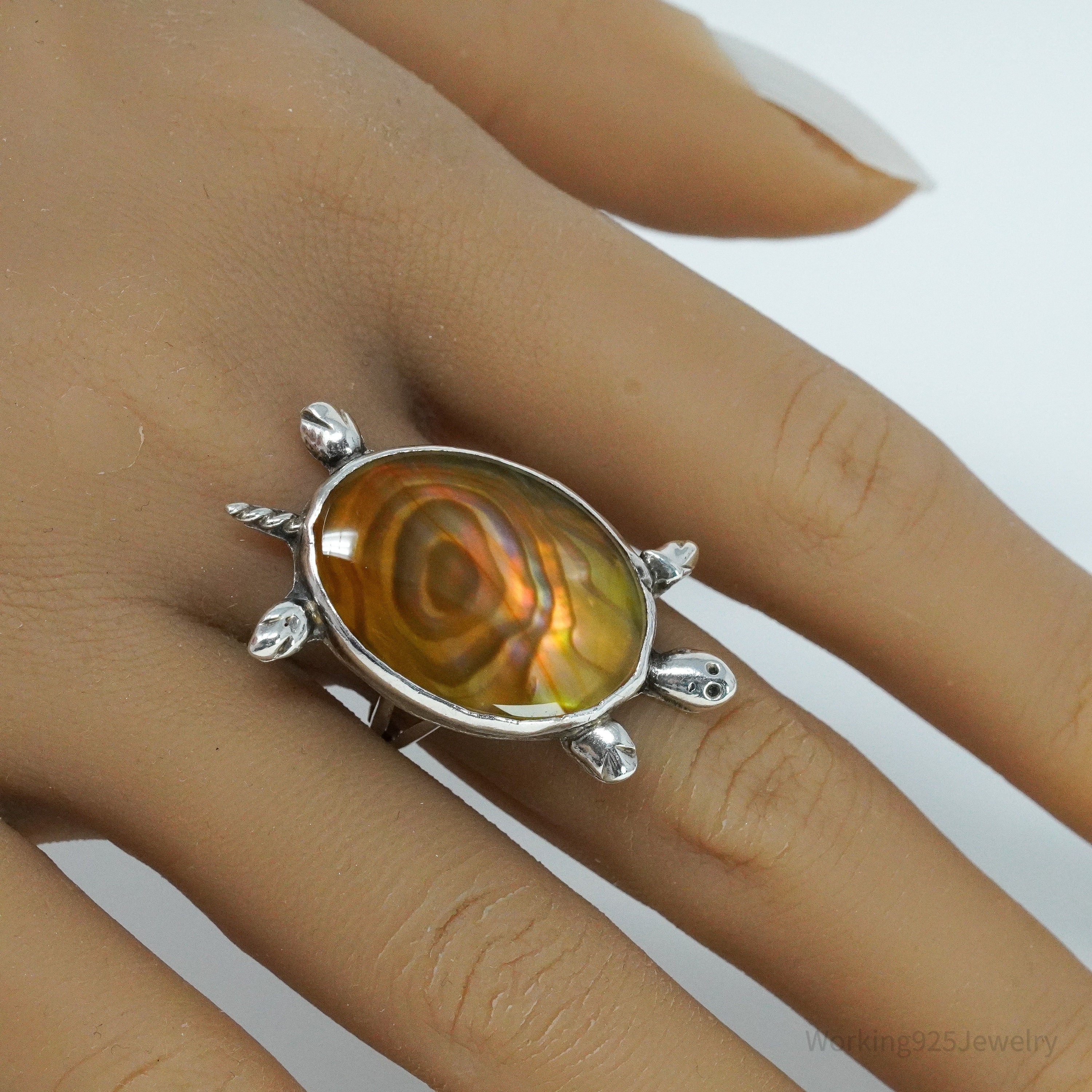 Vintage Abalone Paua Shell Inlay Turtle Silver Ring - Size 8.5