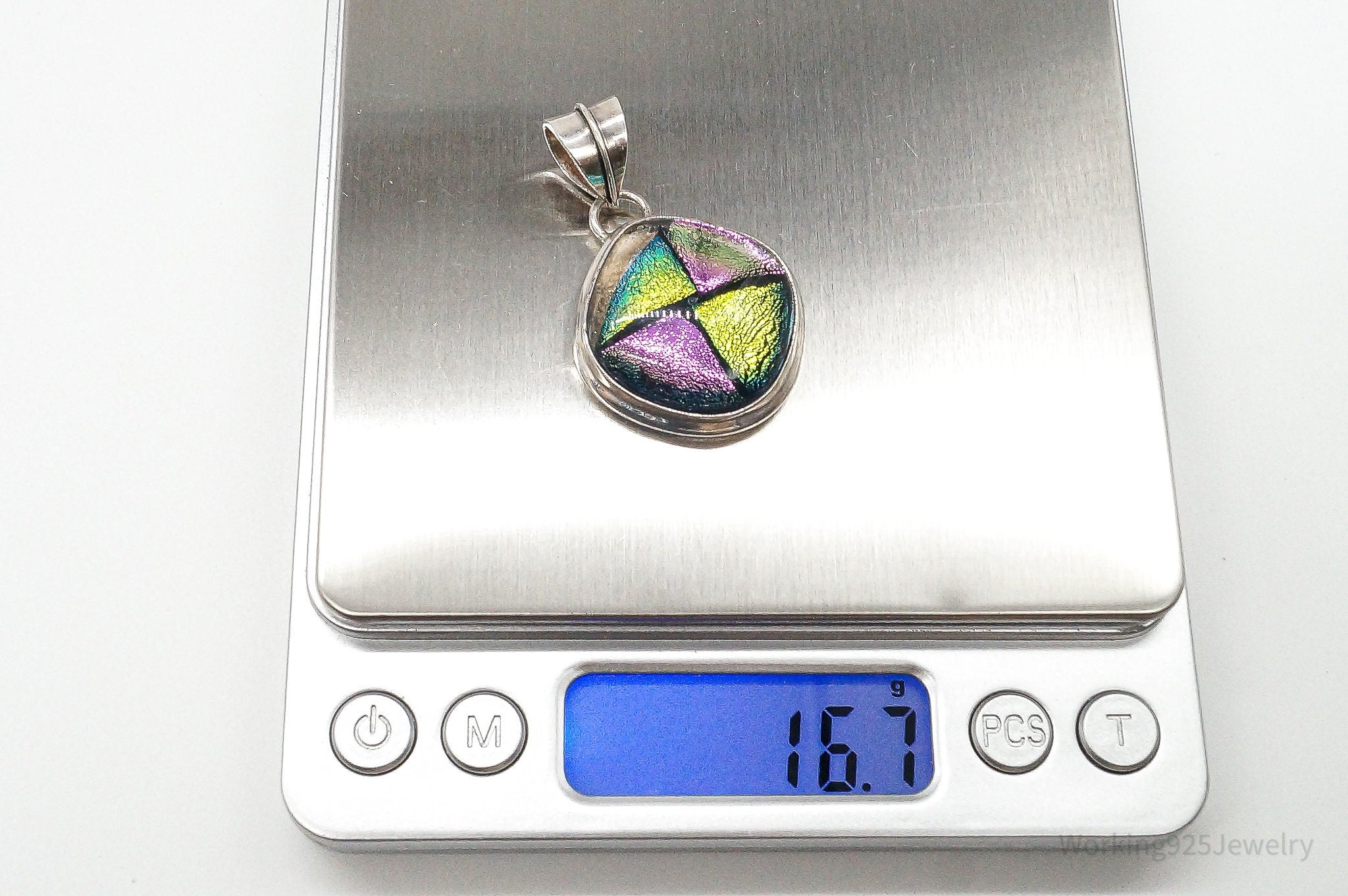 Vintage Large Dichroic Glass Sterling Silver Necklace Pendant