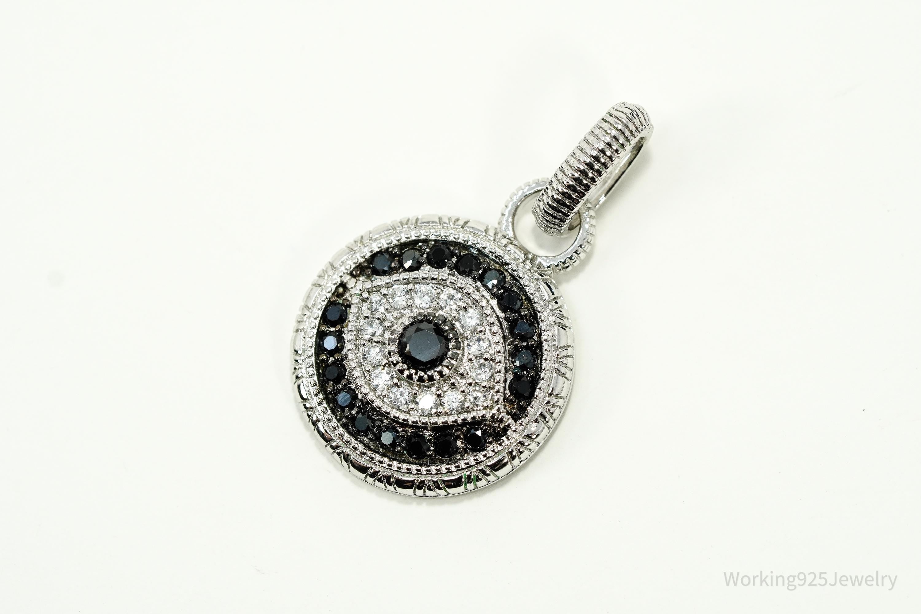 Vintage Pave Black Spinel & Cubic Zirconia Evil Eye Sterling Silver Charm Pendant
