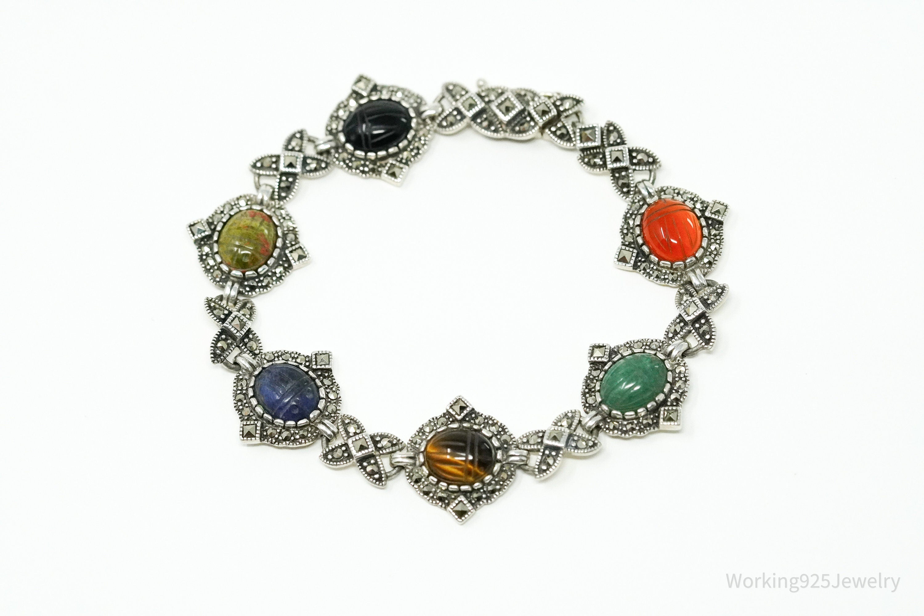 Vintage Carved Scarab Multiple Gemstone Sterling Silver Bracelet 7.5"