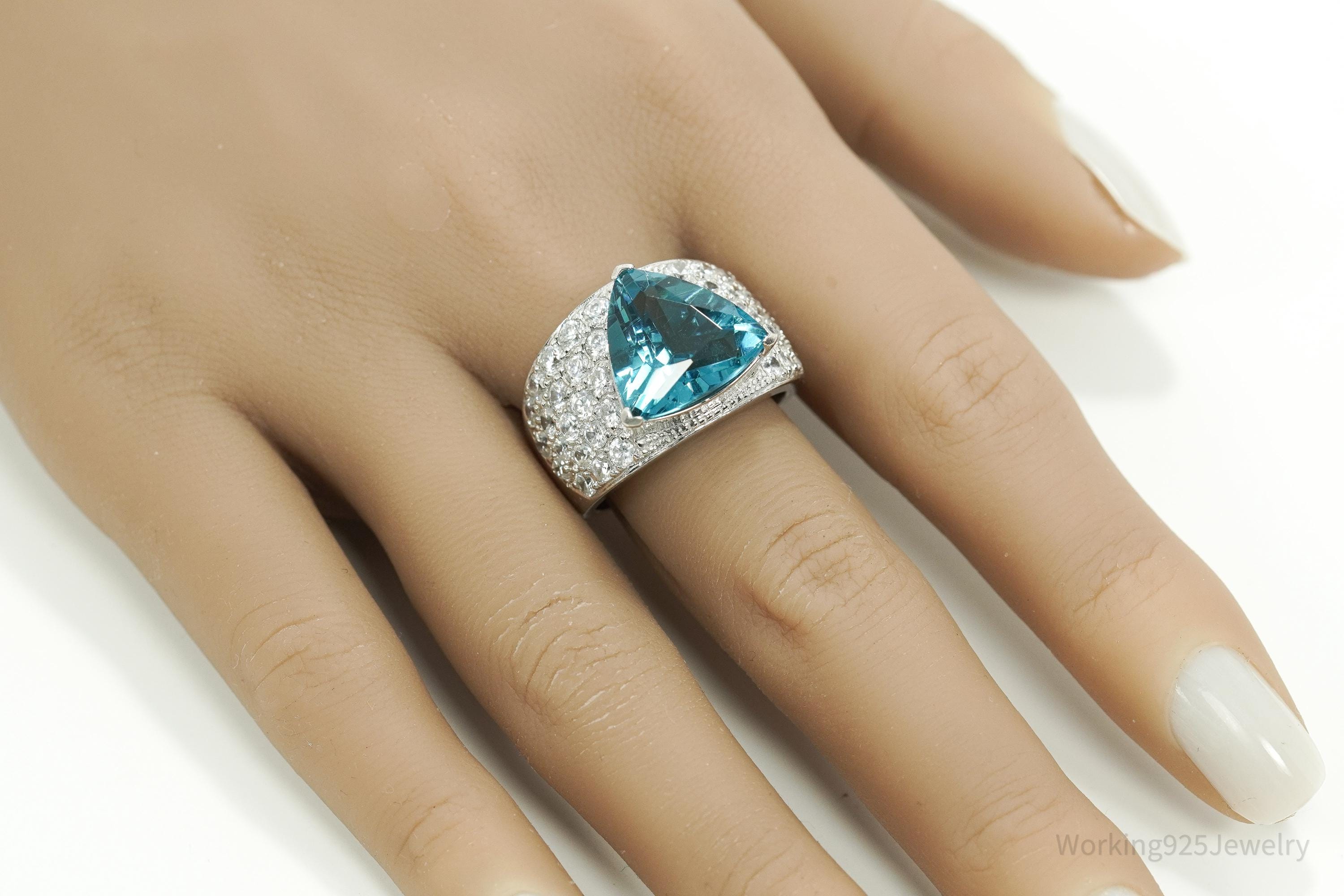 Vintage Ross Simons Large Teal Stone & Cubic Zirconia Sterling Silver Ring - Size 10