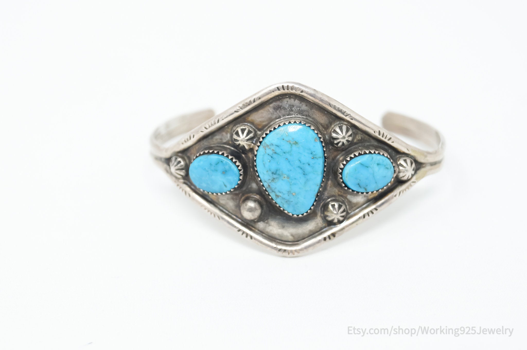 Vintage Native Handmade Unsigned Turquoise Sterling Silver Cuff Bracelet