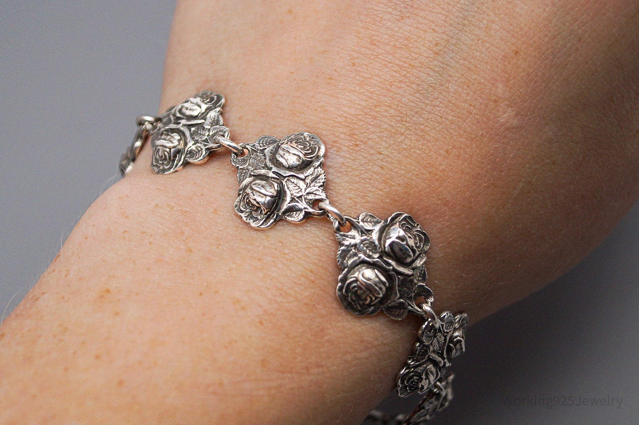 Antique Rosary Roses Mary & Saints Sterling Silver Bracelet - 7 7/8"