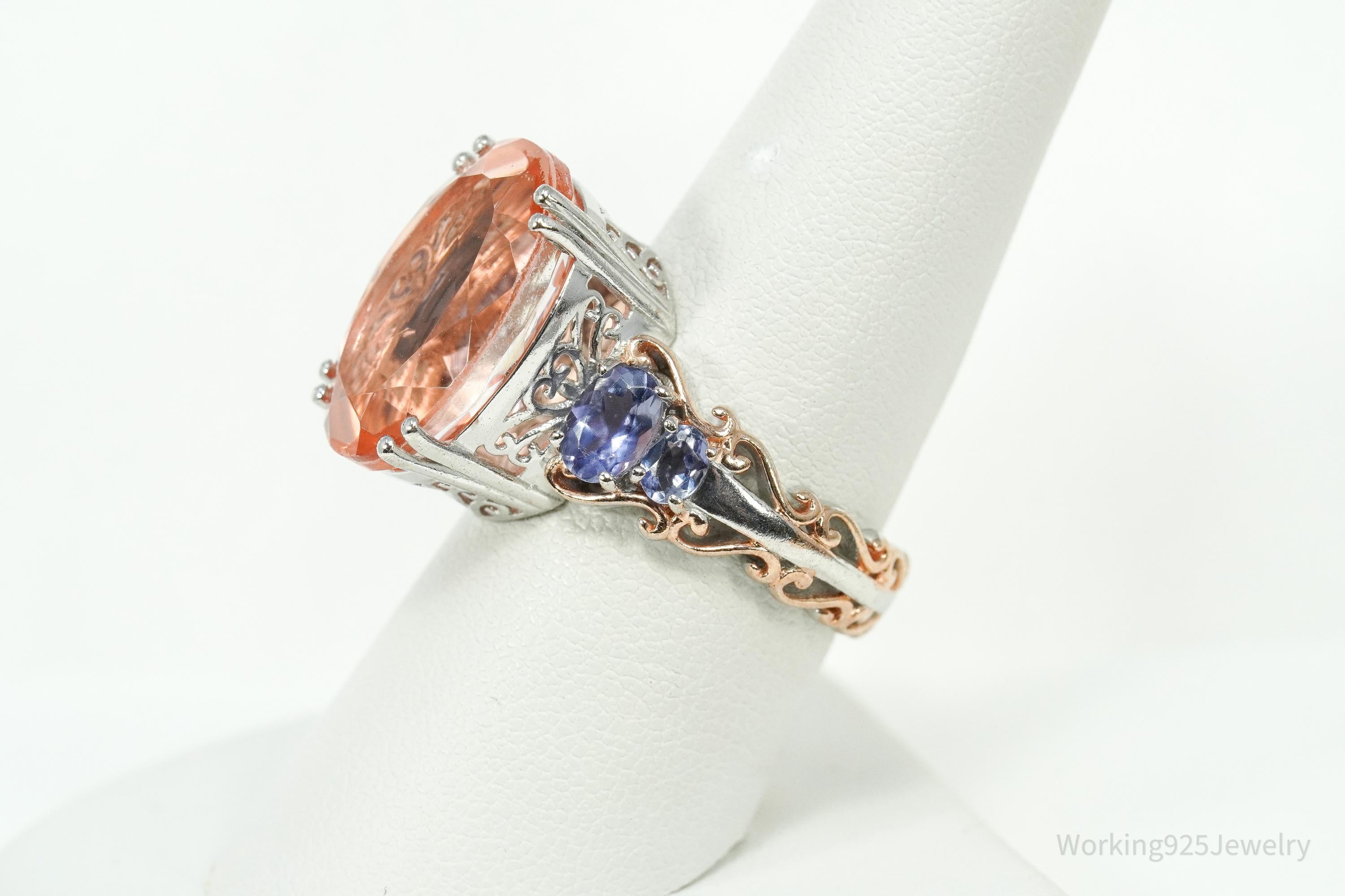 Vintage Chuck Clemency Peach Quartz & Iolite Rose Gold Plated Sterling Silver Ring - Size 8.25