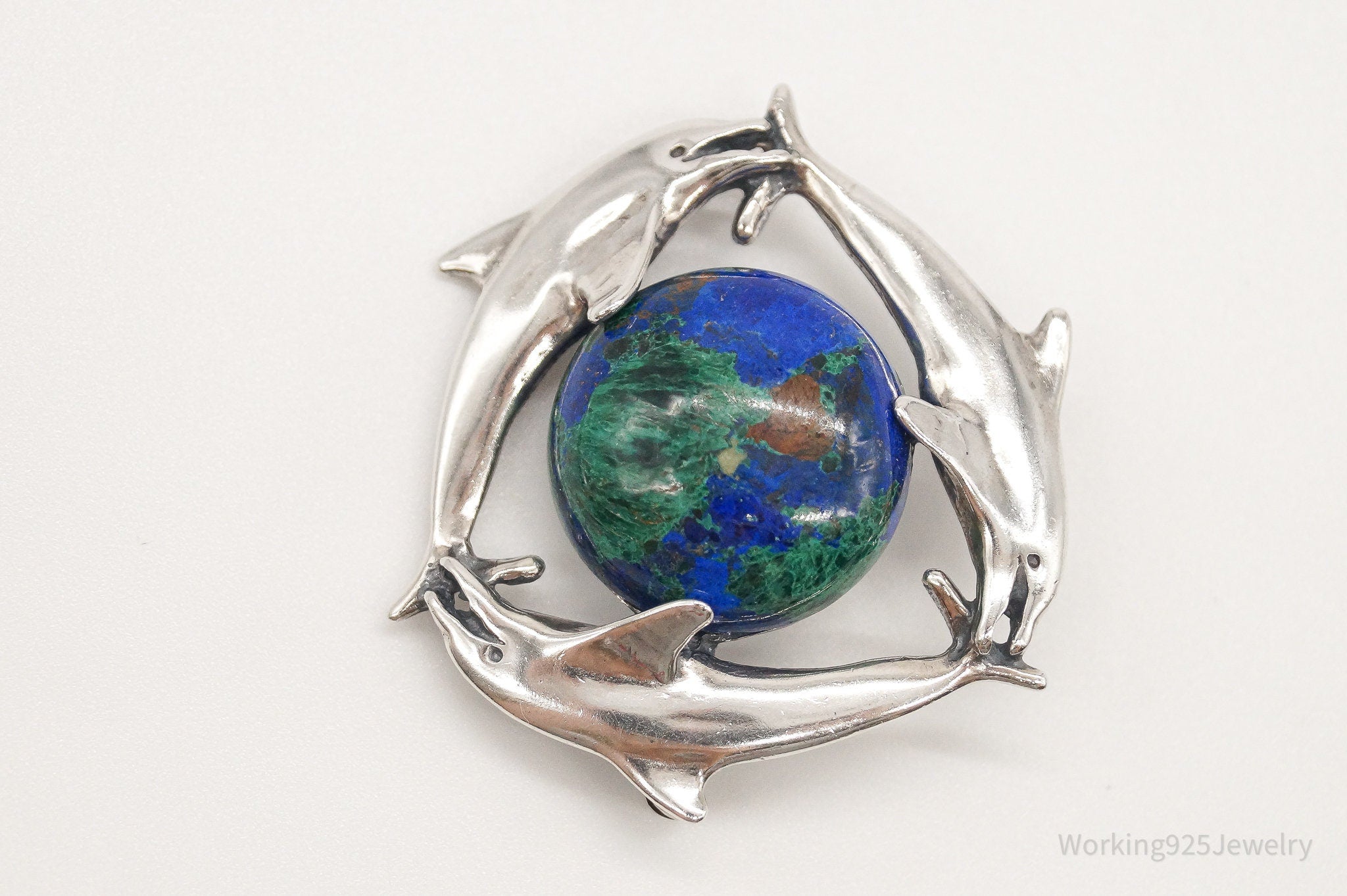 Vintage Large Azurite-Malachite Dolphins World Peace Sterling Silver Brooch