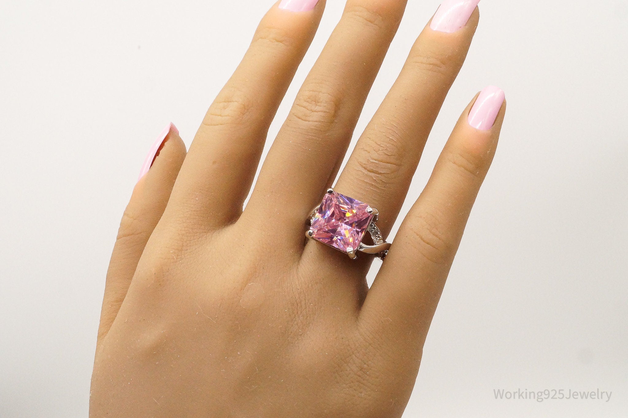 Vintage Pink & White Cubic Zirconia Sterling Silver Ring - Size 7