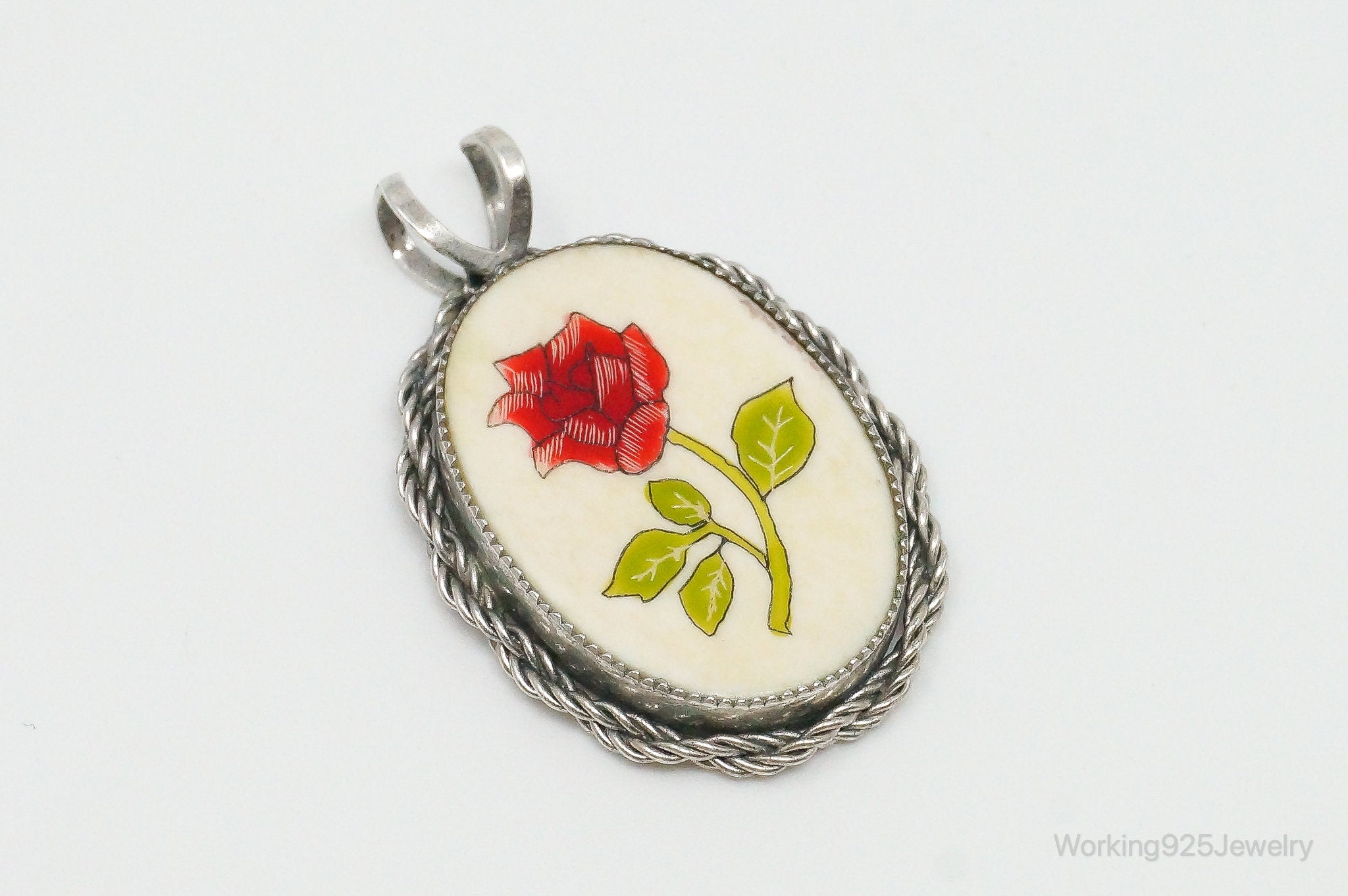 Vintage Painted Rose Bone Southwestern Sterling Silver Pendant