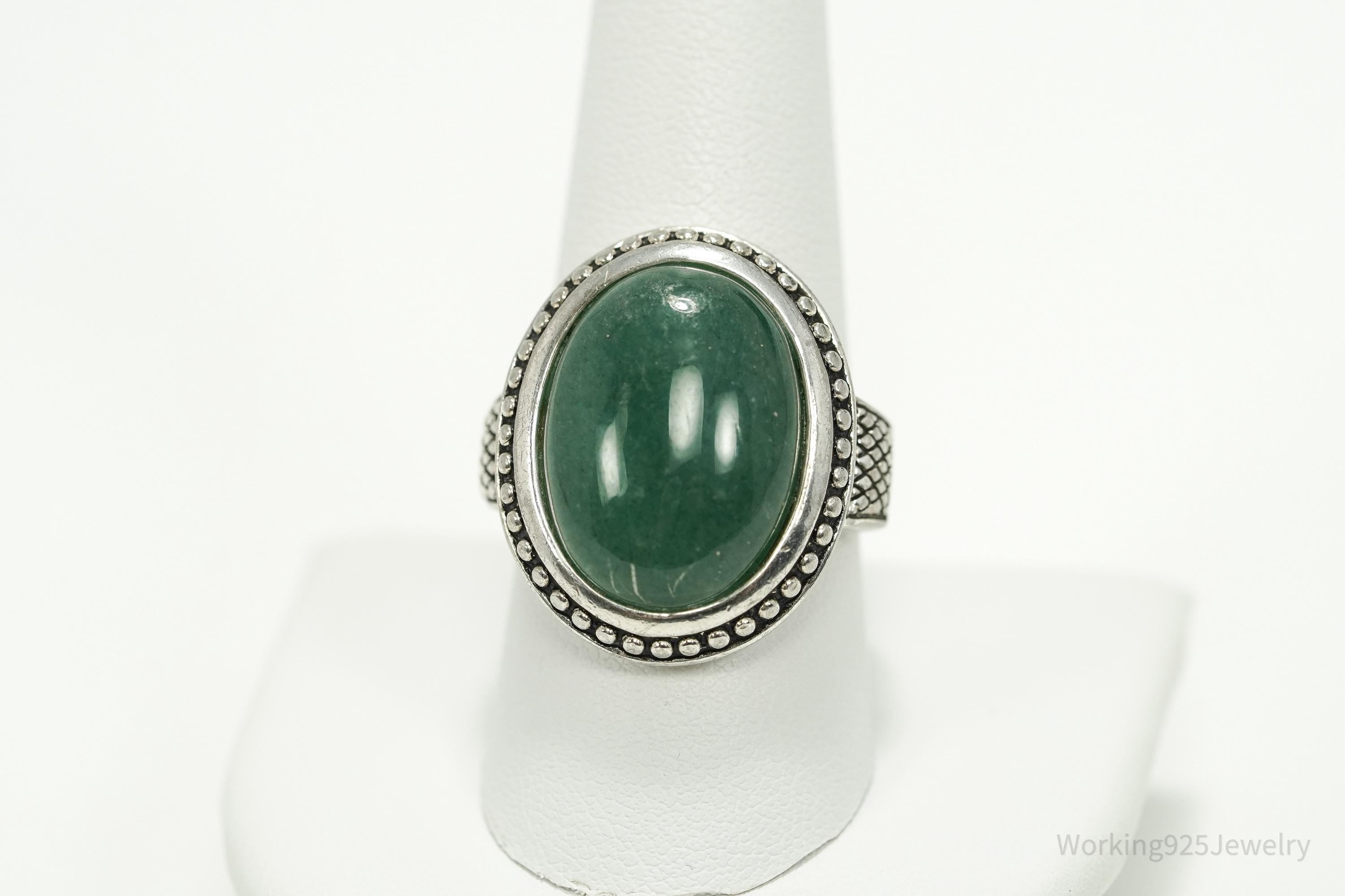 Vintage Large Green Aventurine Sterling Silver Ring - Size 9