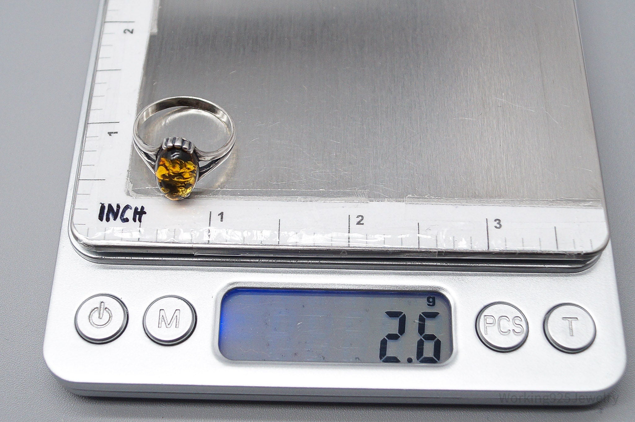 Vintage Amber Sterling Silver Ring - Size 7