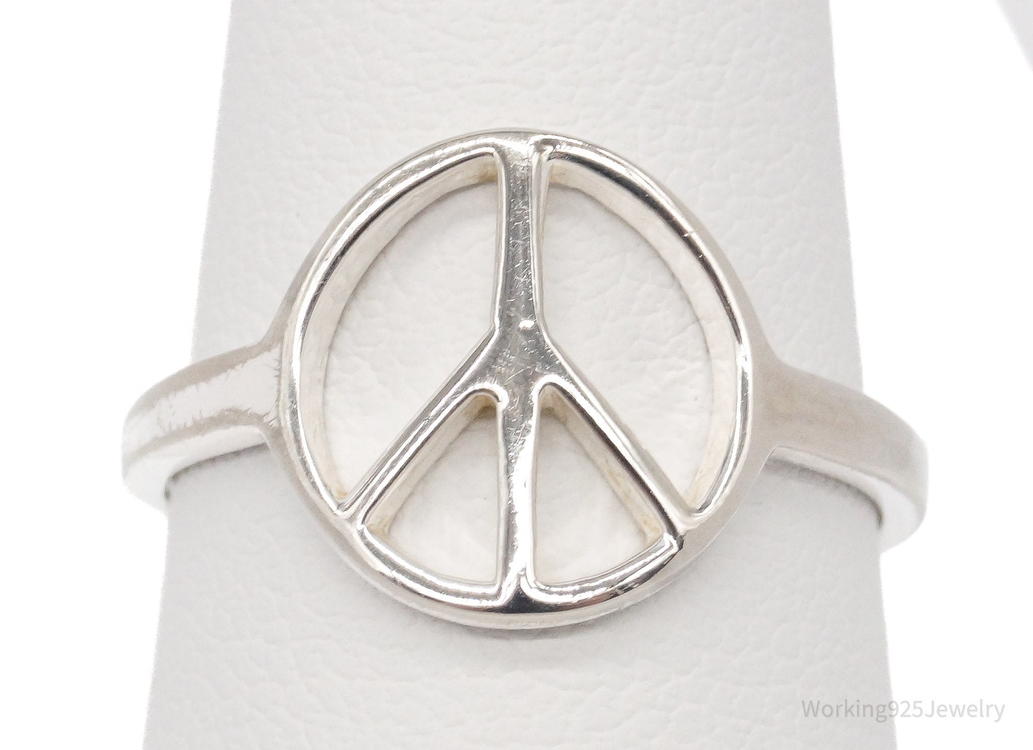 Vintage Peace Sign Sterling Silver Rhodium Plated Ring - Size 6.75