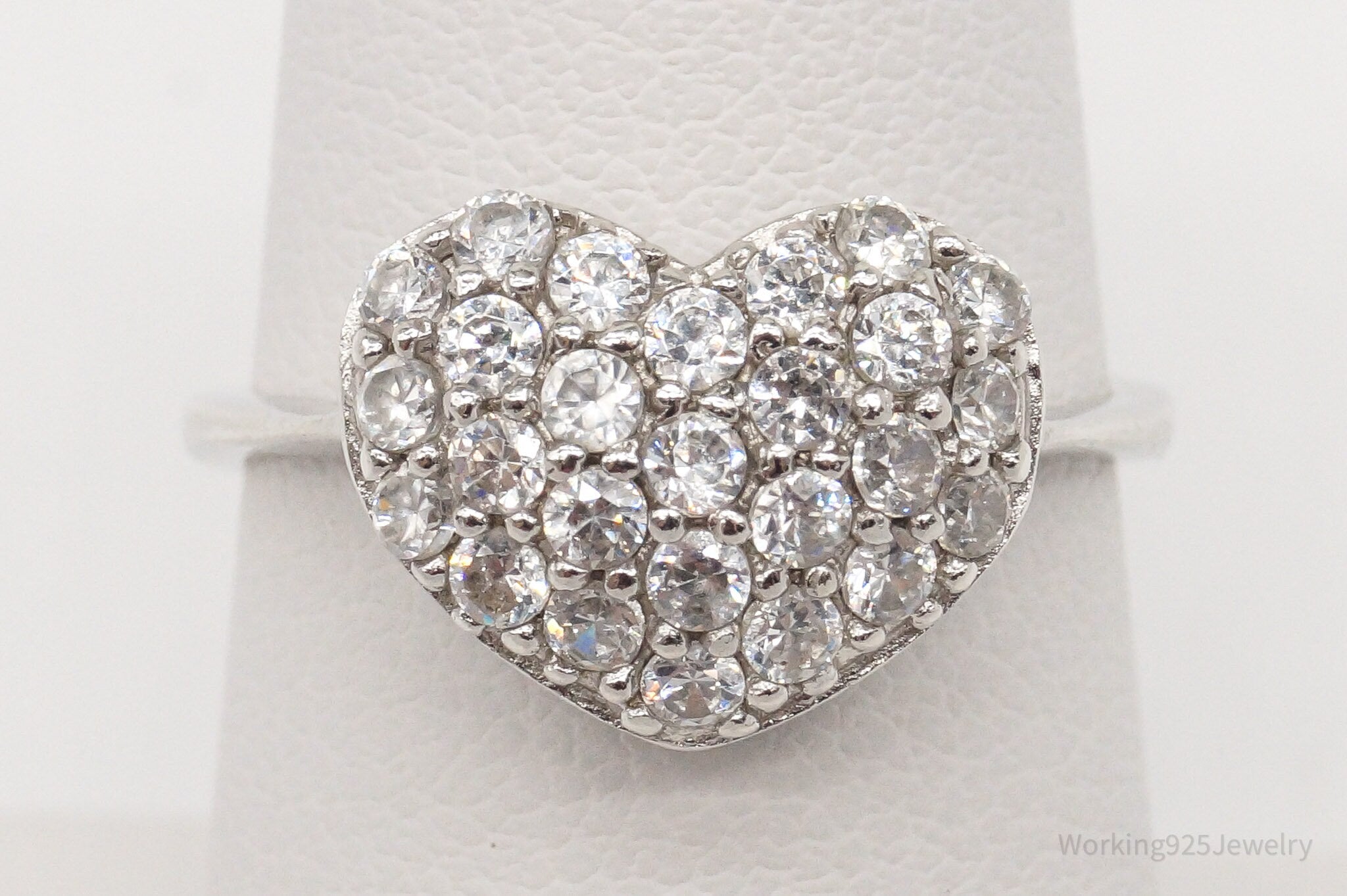 Vintage Cubic Zirconia Heart Sterling Silver Ring - Size 7