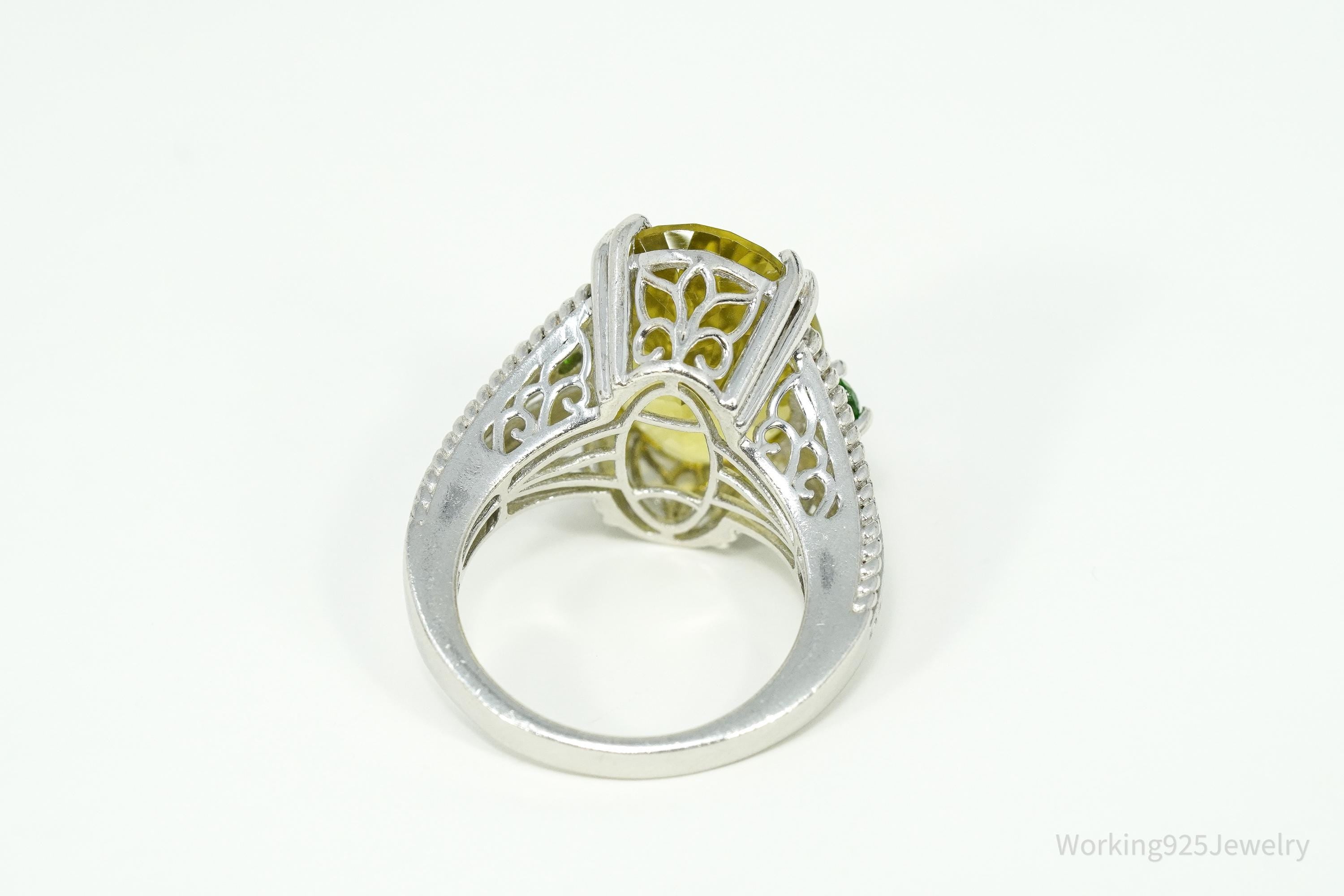 Vintage Large Lemon Quartz & Green Chrome Diopside Sterling Silver Ring Size 10