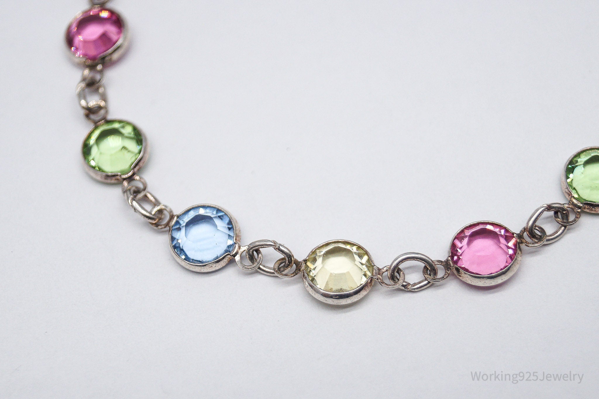Vintage Rainbow Crystal Silver Bracelet - 7.25"
