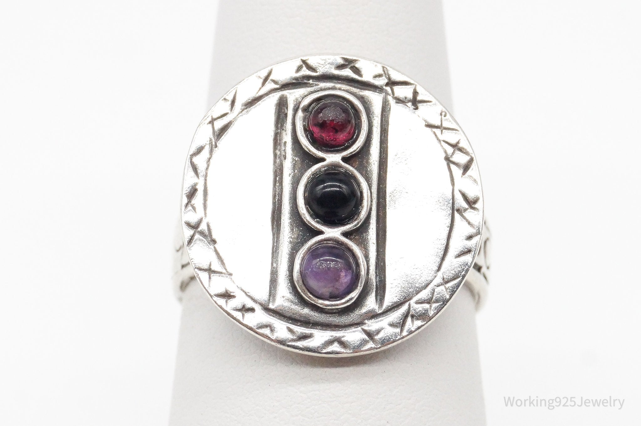 Vintage Rhodolite Garnet Amethyst Black Onyx Sterling Silver Ring - Size 6.75