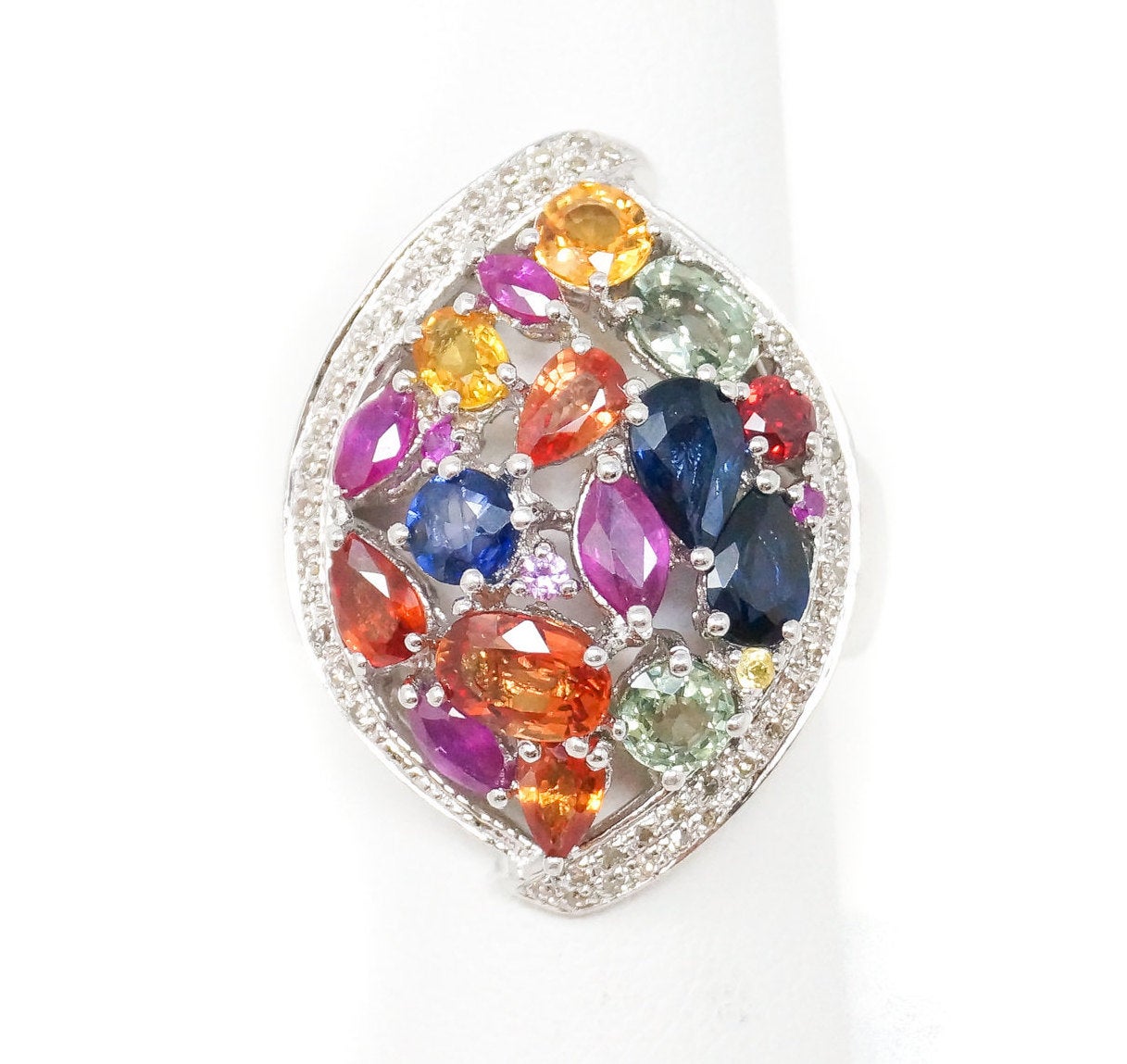 Vintage Multi Gem Citrine Peridot Topaz CZ Sapphire Sterling Statement Ring Sz 7